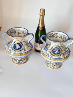 19th Century French Hand-Painted Faience Vases Signed set of 2