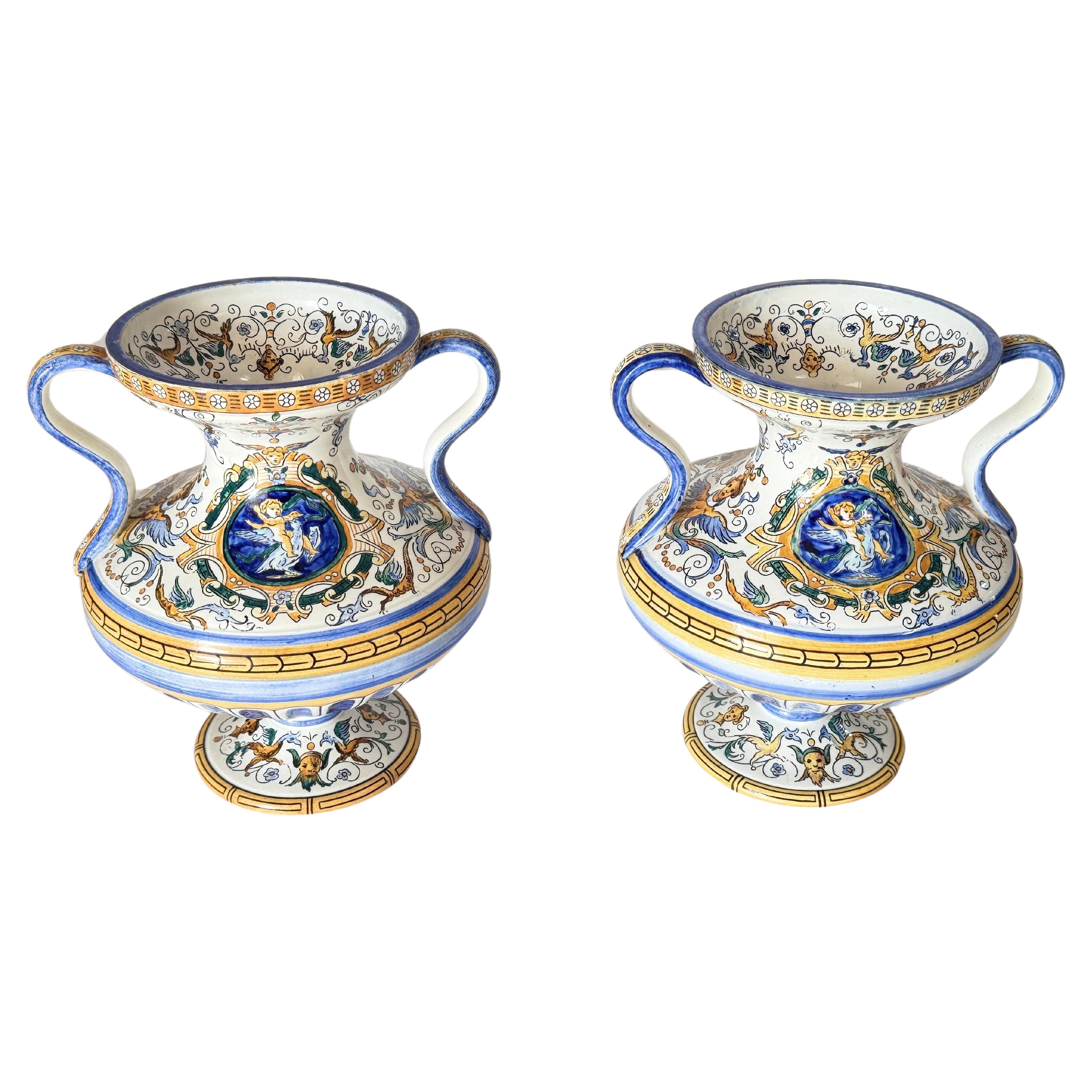 19th Century French Hand-Painted Faience Vases Signed set of 2 For Sale