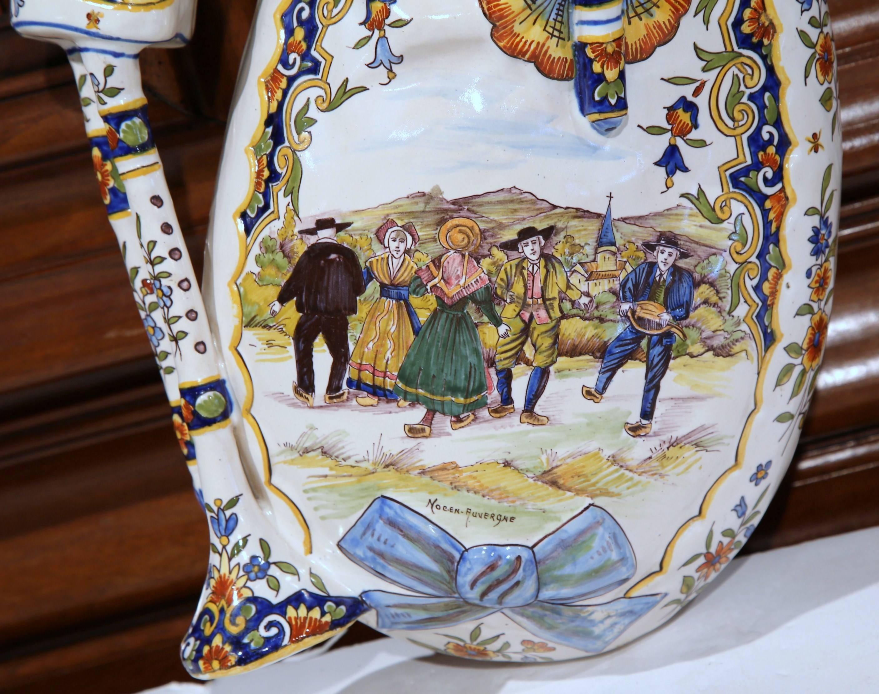 Hand-Crafted 19th Century French Hand Painted Faience Wall Bagpipe Flower Holder For Sale