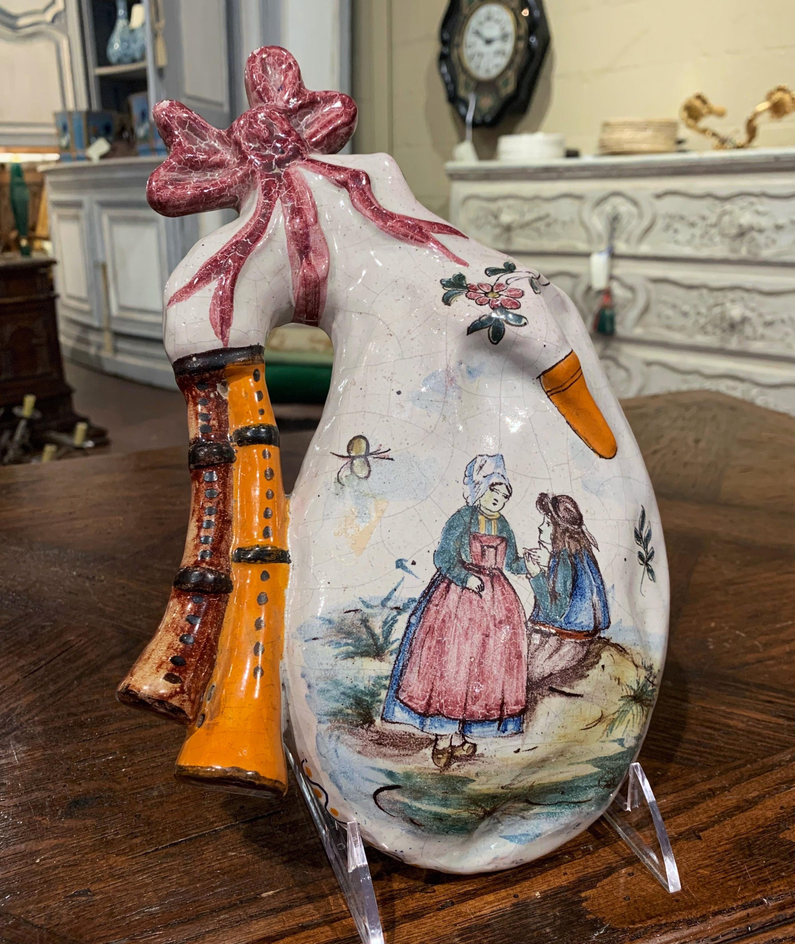 Hand-Crafted 19th Century French Hand Painted Faience Wall Bagpipe from PB Quimper For Sale
