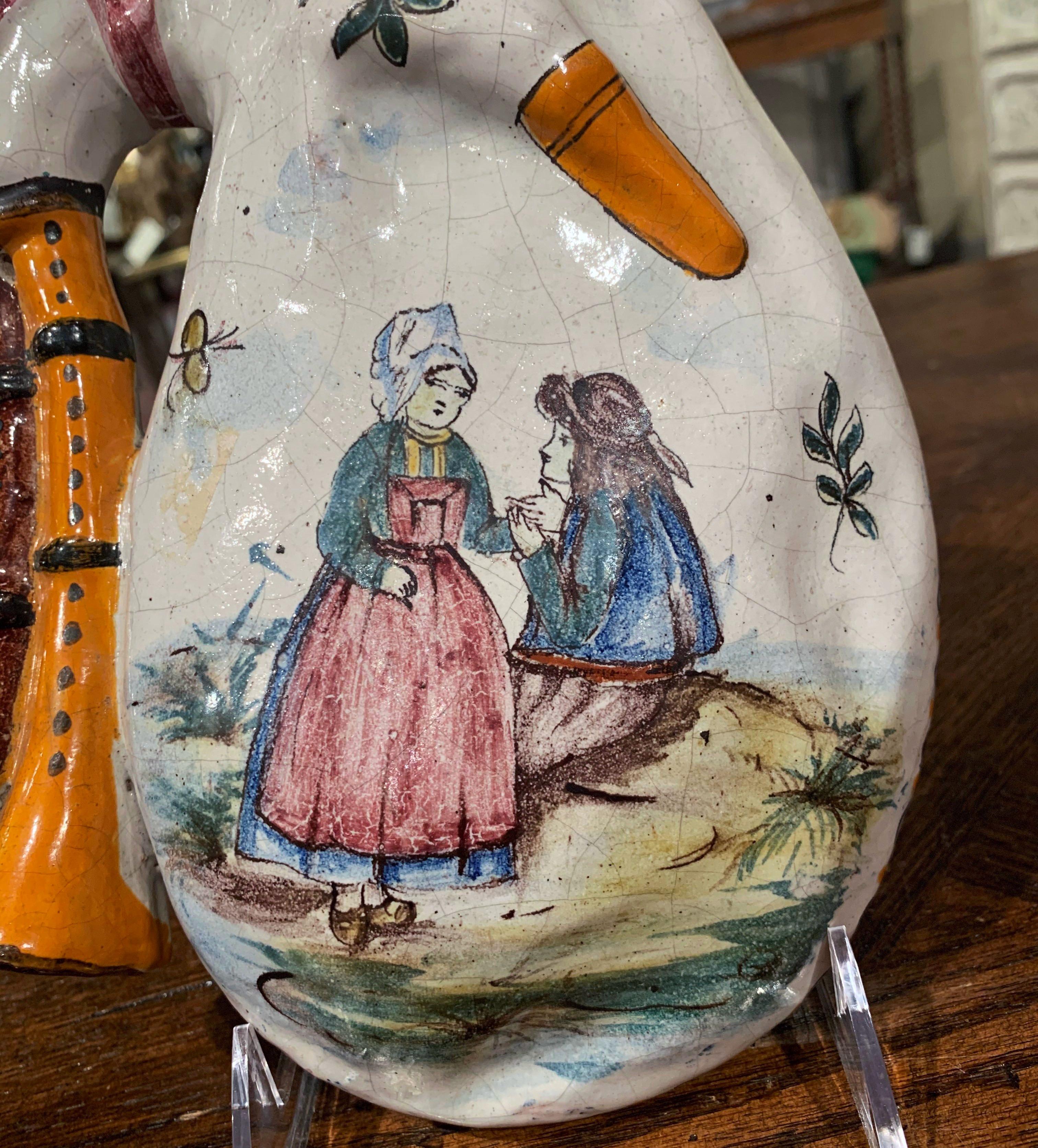 Ceramic 19th Century French Hand Painted Faience Wall Bagpipe from PB Quimper For Sale