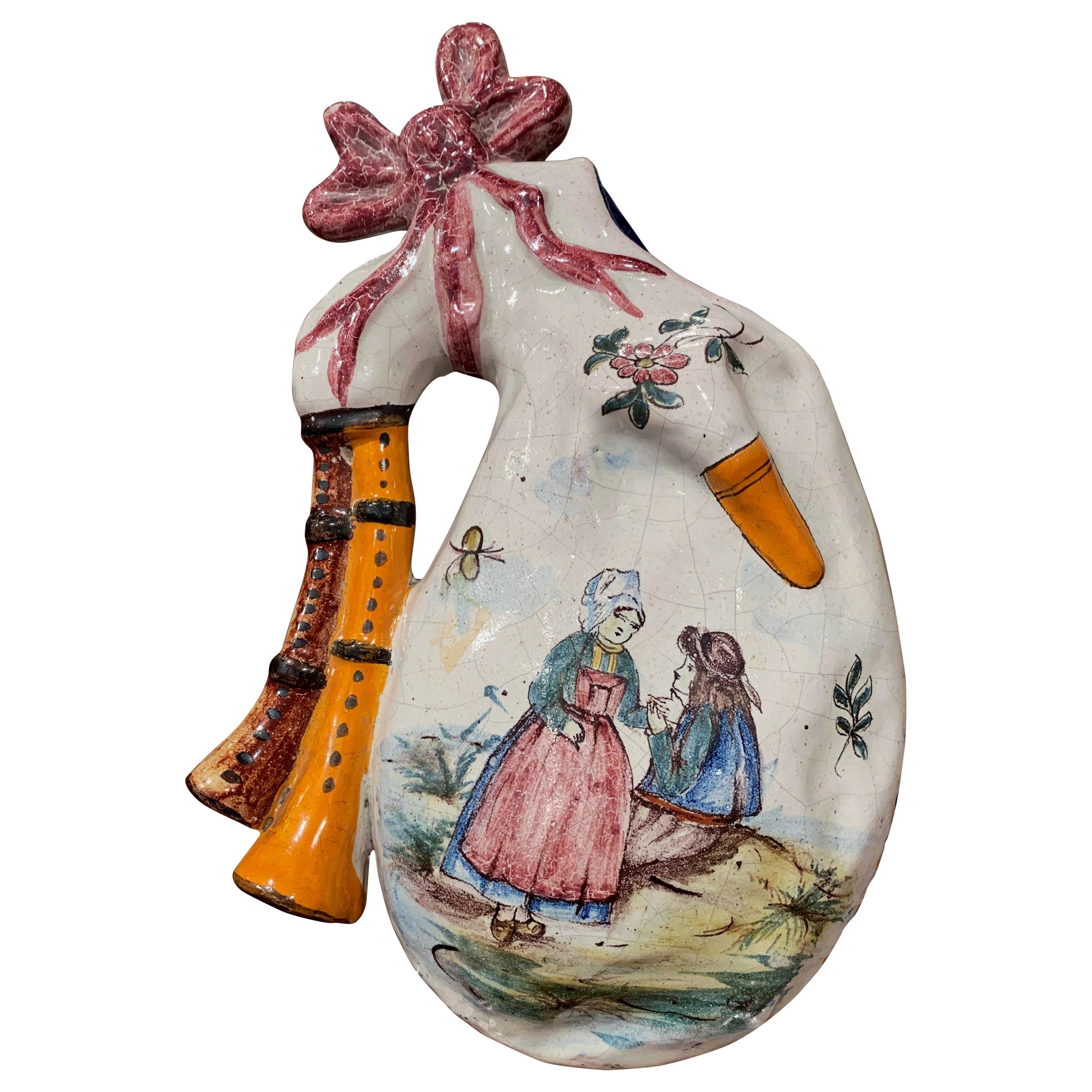 19th Century French Hand Painted Faience Wall Bagpipe from PB Quimper