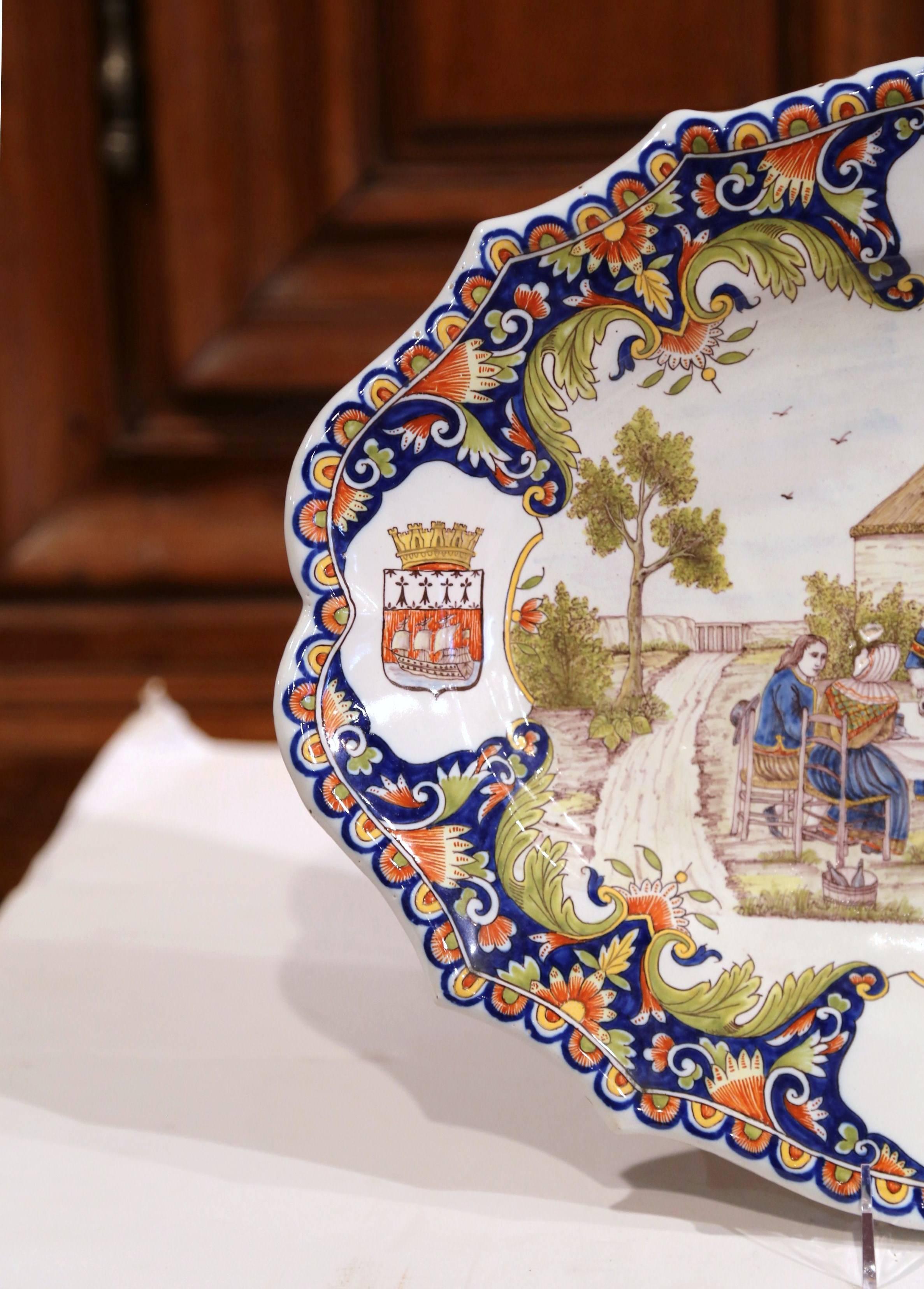 Ceramic 19th Century French Hand Painted Faience Wall Platter from Brittany For Sale