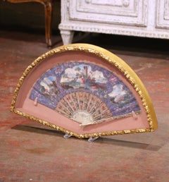 19th Century French Hand-Painted Fan with Carved Bone Handle in Frame
