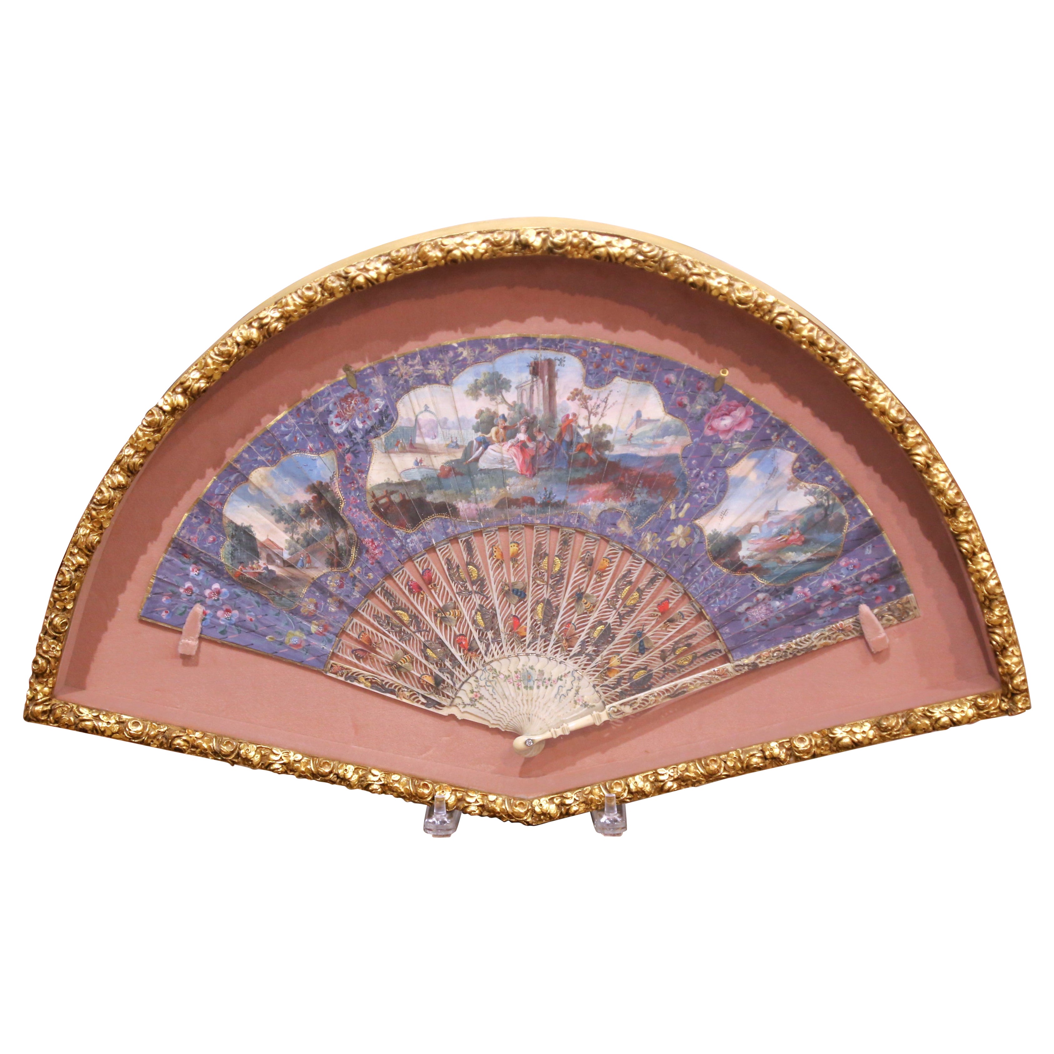 19th Century French Hand-Painted Fan with Carved Bone Handle in Frame For Sale
