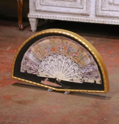 19th Century French Hand-Painted Fan with Pierced Bone Sticks in Gilt Frame