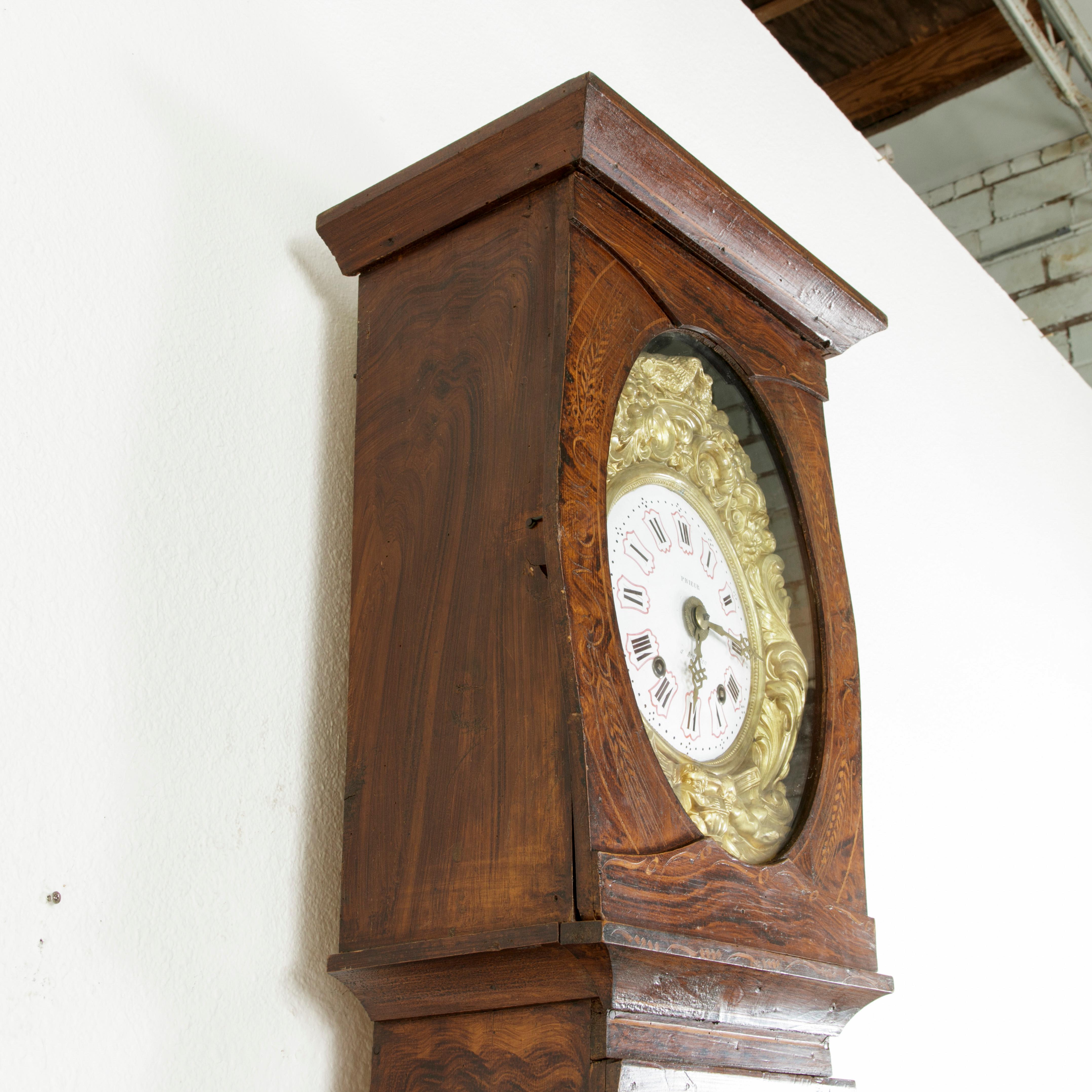 Repoussé 19th Century French Hand Painted Faux Bois Grandfather Clock with Brass Repousse