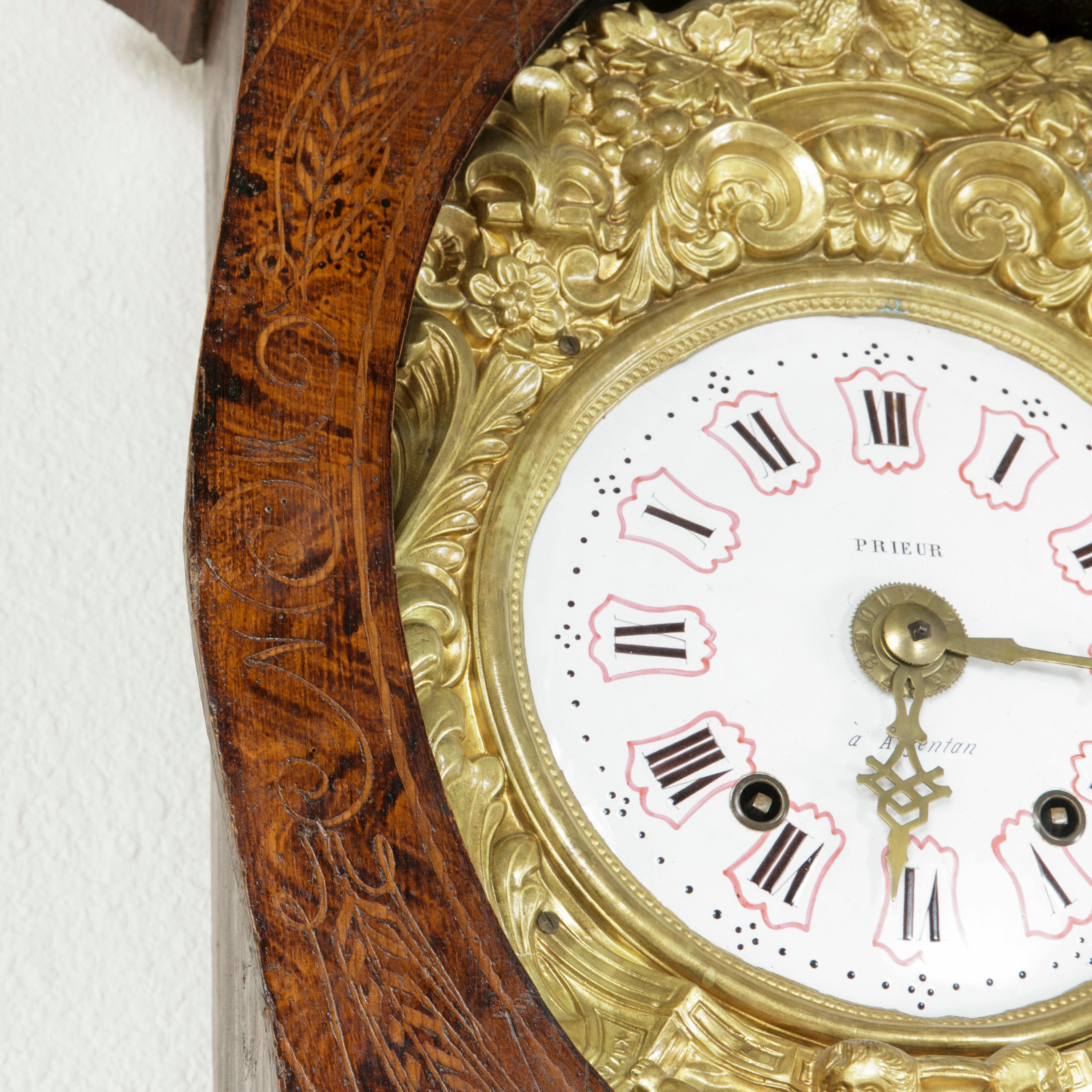 19th Century French Hand Painted Faux Bois Grandfather Clock with Brass Repousse 2