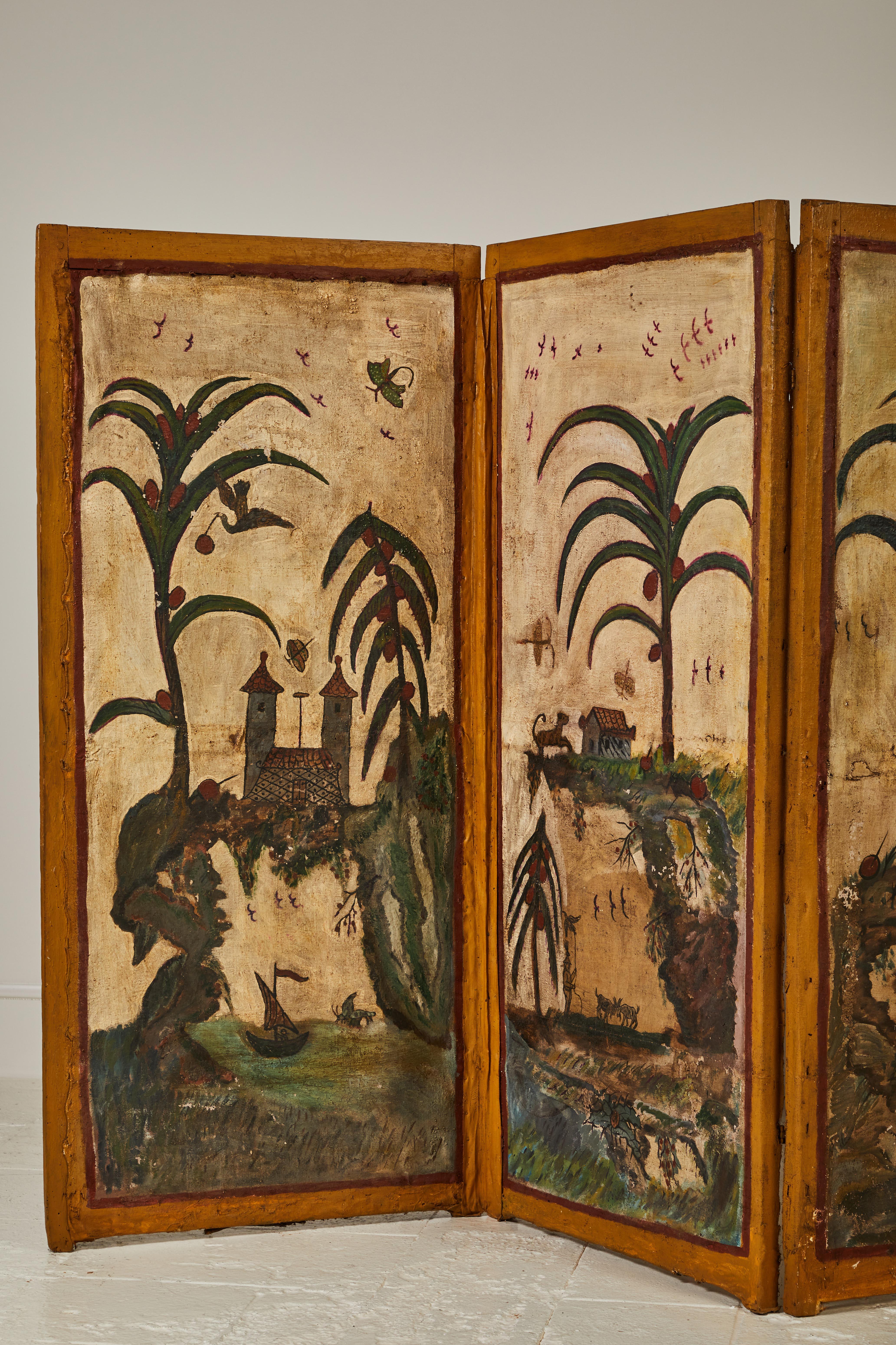 Beautifully hand painted five-panel screen. The screen exudes a sense of whimsy and wonder with the hand painted adventure scene. This screen is beautifully aged. Measurements are taken while the screen is flat. The screen can be stand alone or