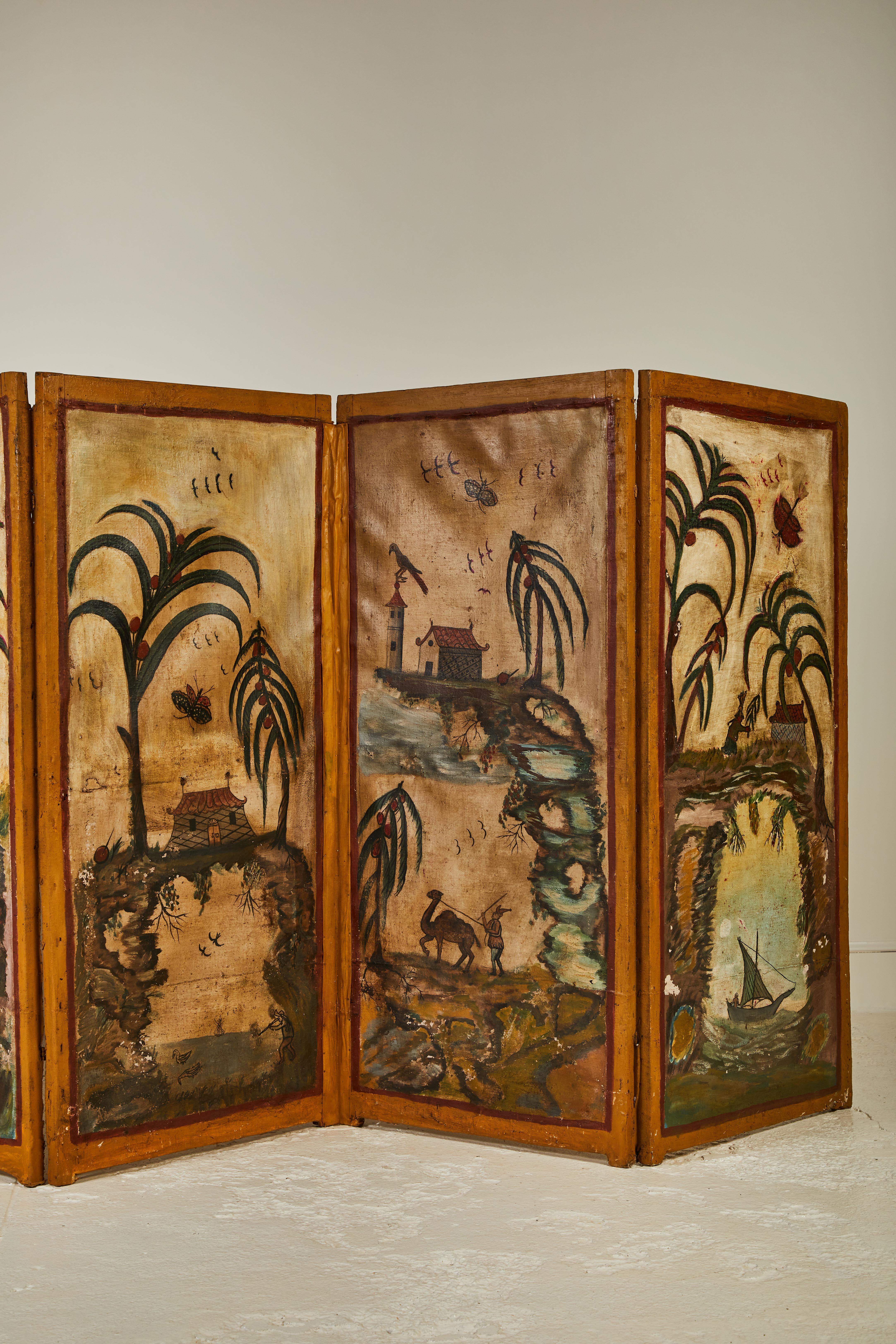 19th Century French Hand Painted Five-Panel Screen In Fair Condition In Los Angeles, CA