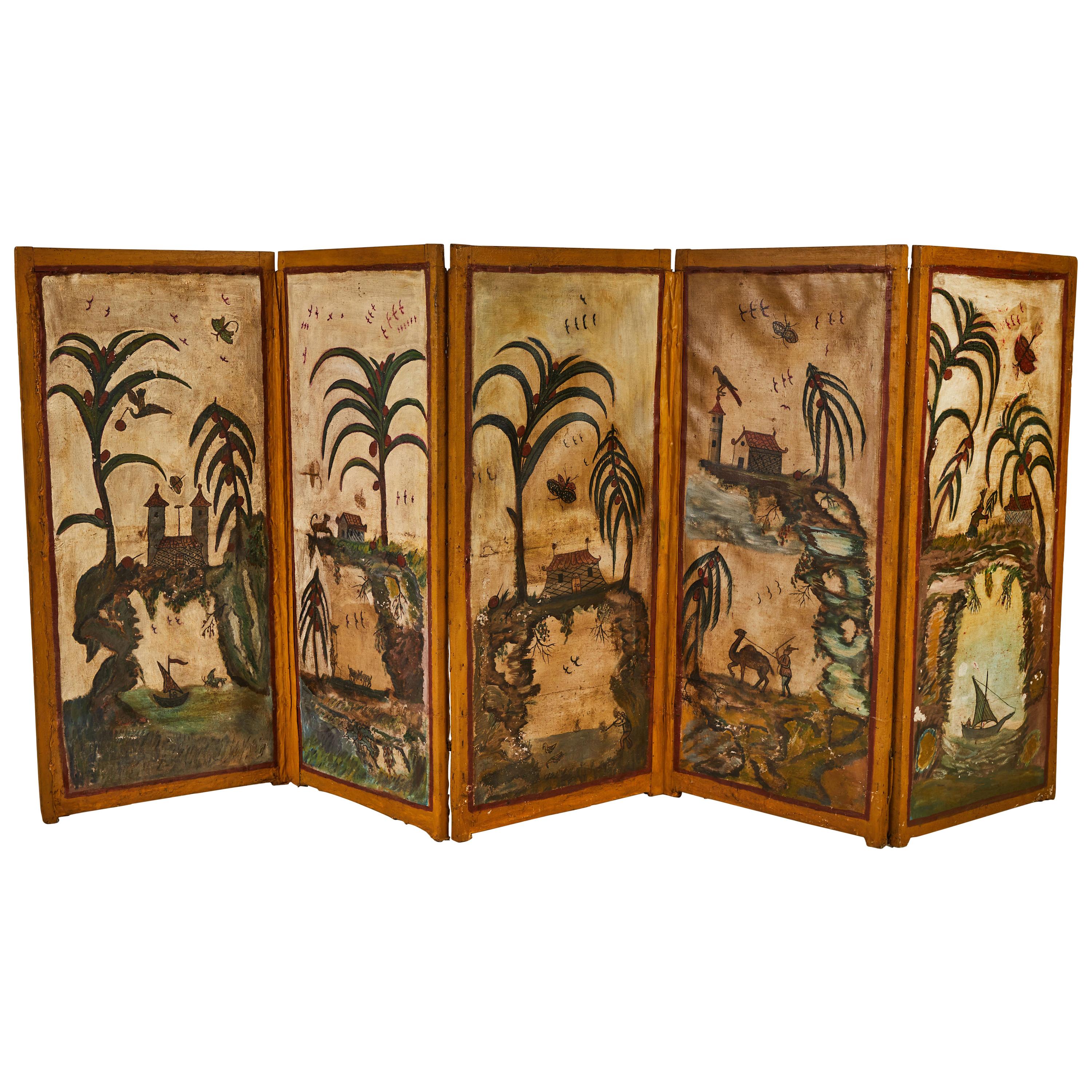 19th Century French Hand Painted Five-Panel Screen