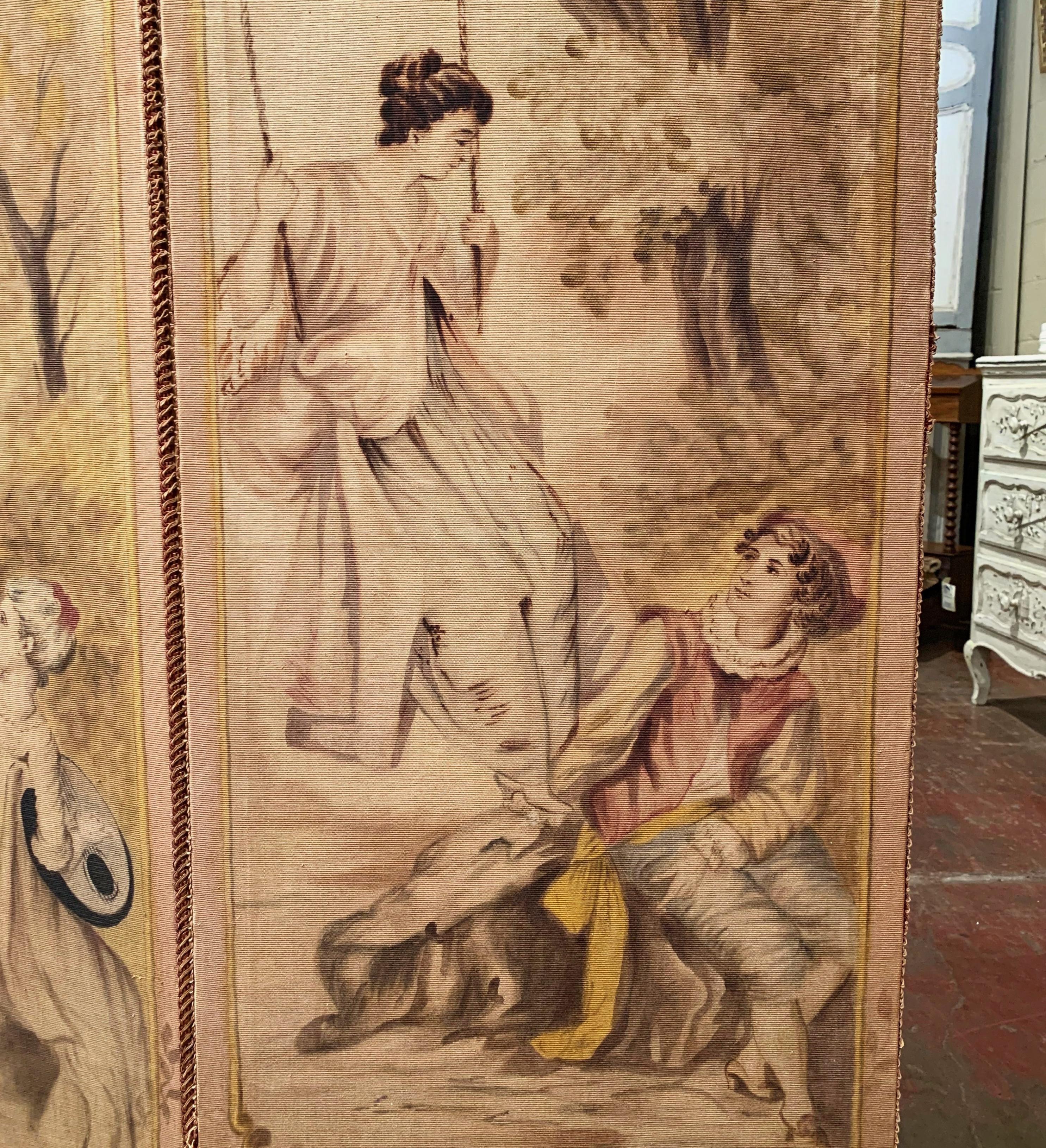19th Century French Hand Painted Four-Panel Canvas Screen with Romantic Scenes 5