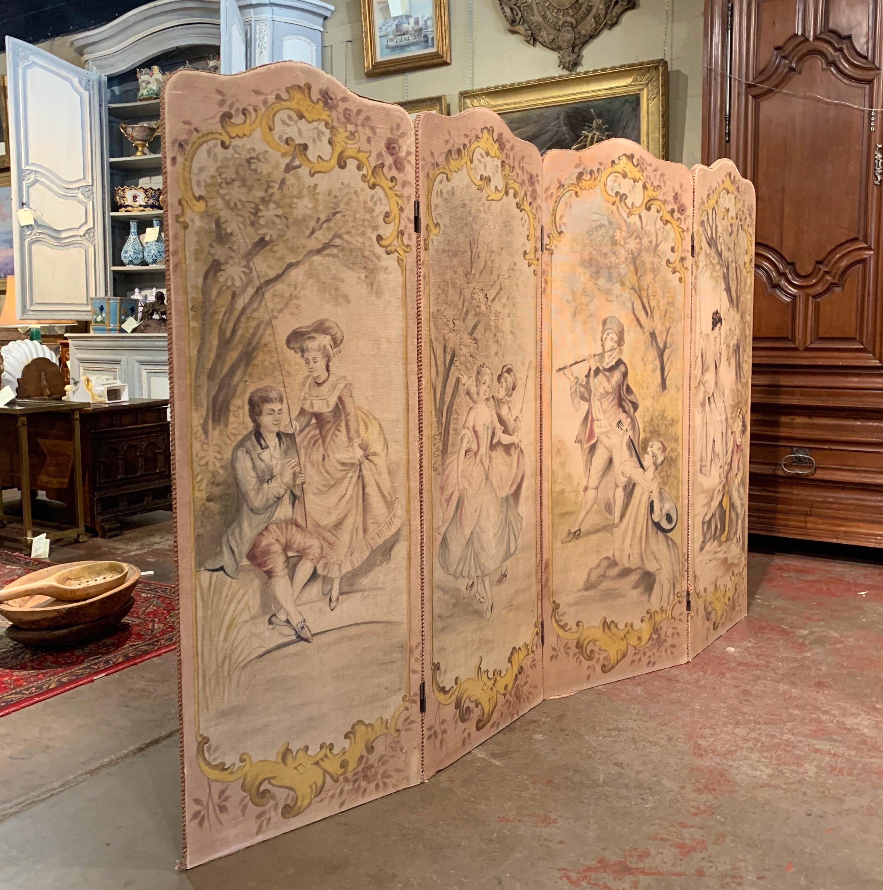 19th Century French Hand Painted Four-Panel Canvas Screen with Romantic Scenes 6