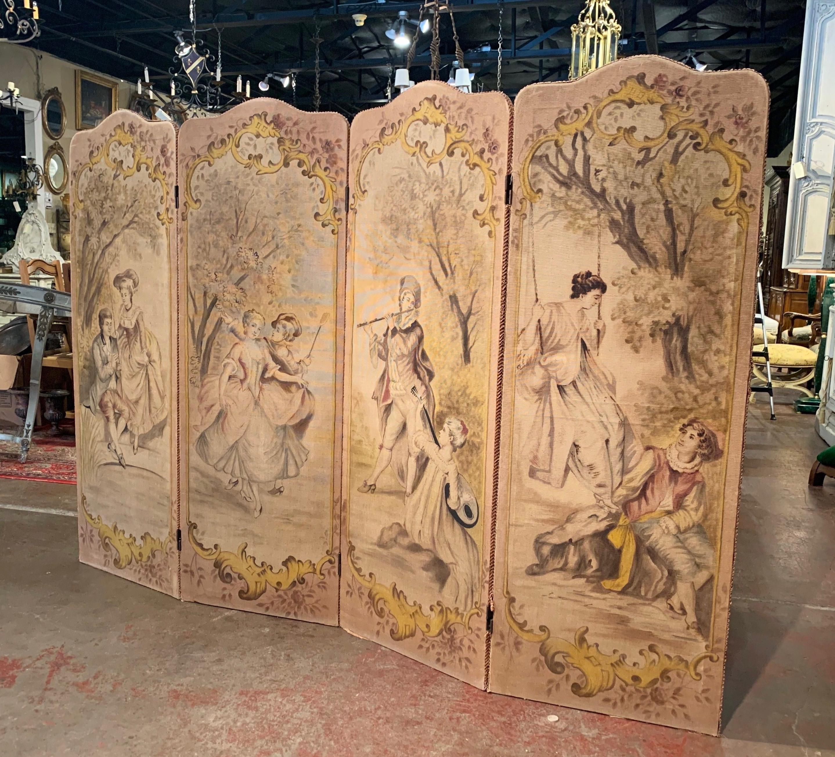 Decorate a wall with this elegant antique screen; crafted in France circa 1870, the folding screen features four romantic scenes. Each scene is hand painted with pastel colors, and depicts a courting scene with a gentleman and a young beauty. The