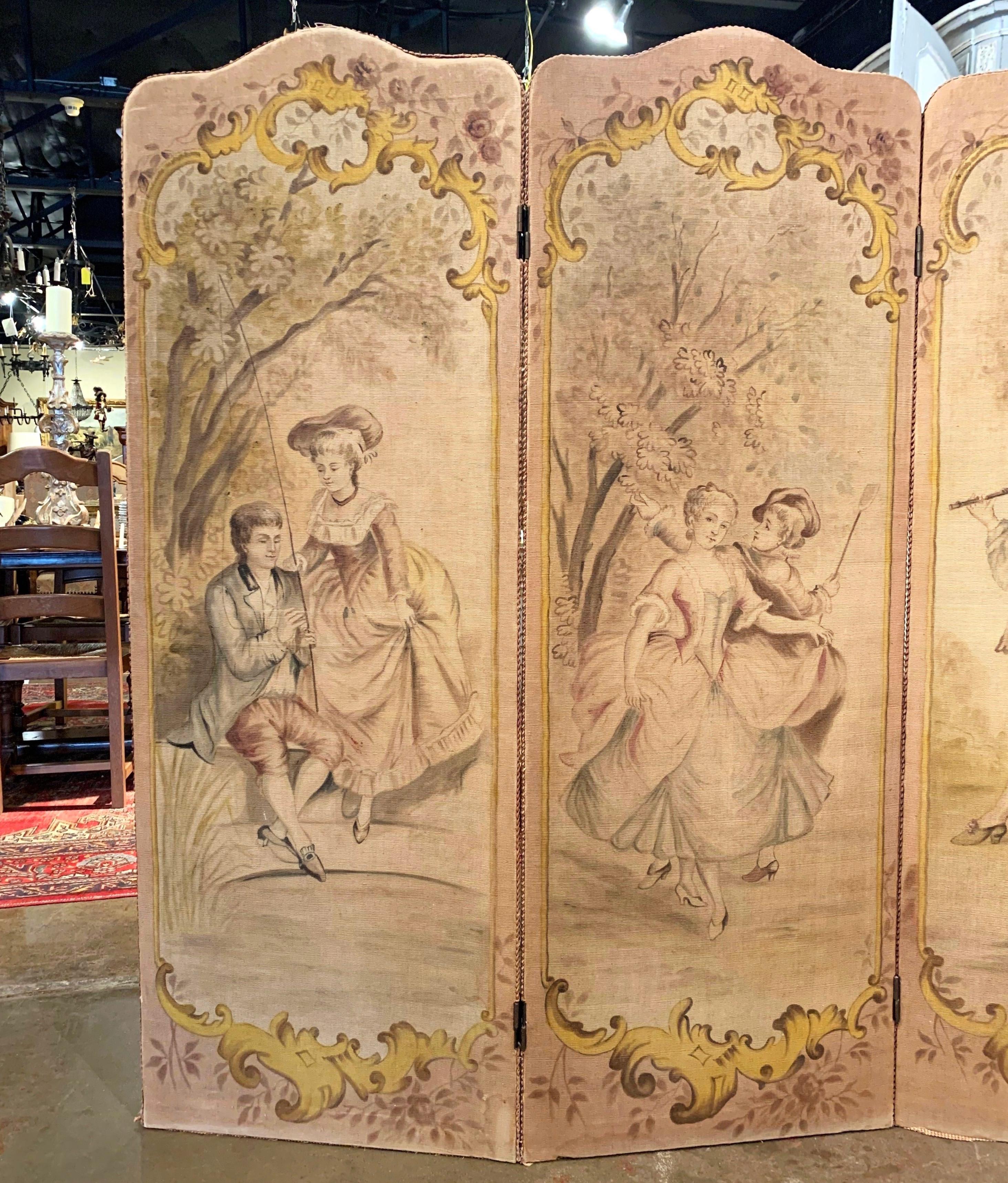 Louis XV 19th Century French Hand Painted Four-Panel Canvas Screen with Romantic Scenes