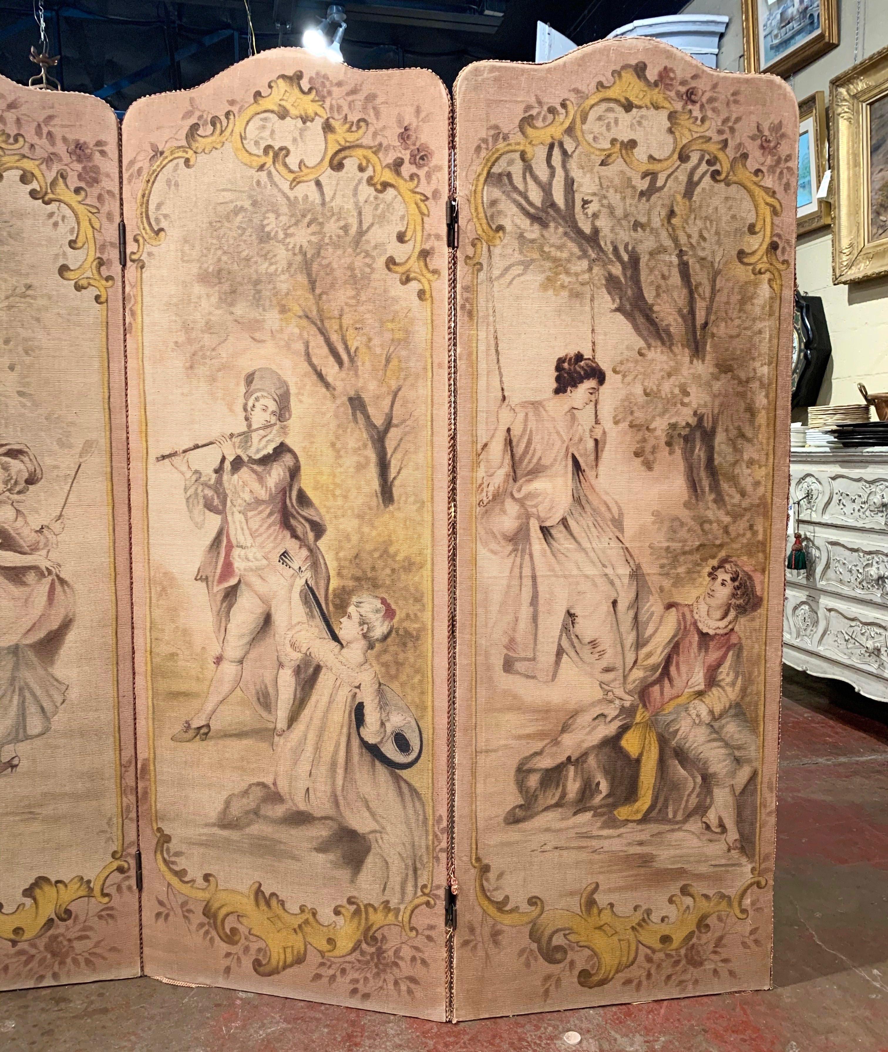 Hand-Painted 19th Century French Hand Painted Four-Panel Canvas Screen with Romantic Scenes