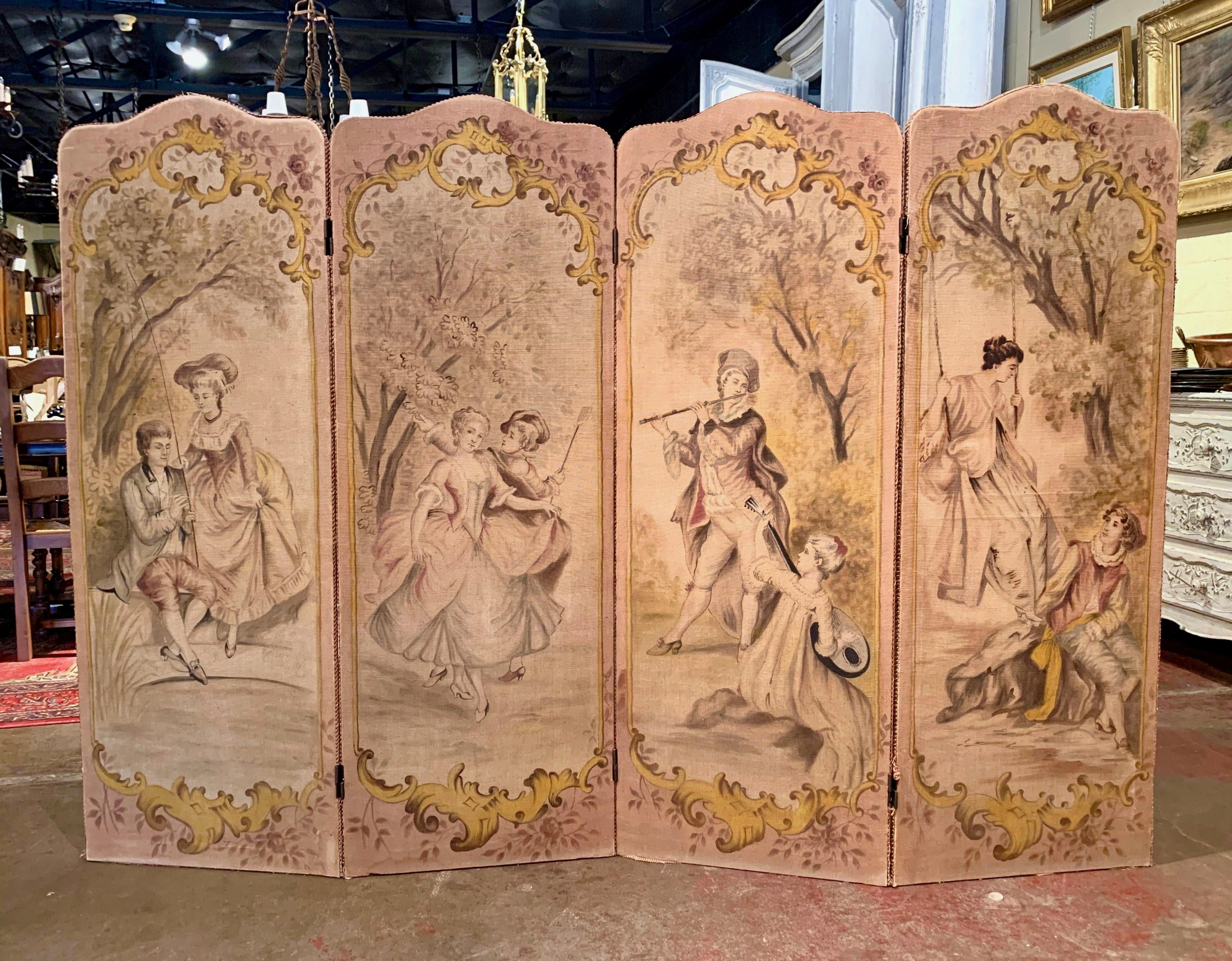 19th Century French Hand Painted Four-Panel Canvas Screen with Romantic Scenes In Good Condition In Dallas, TX