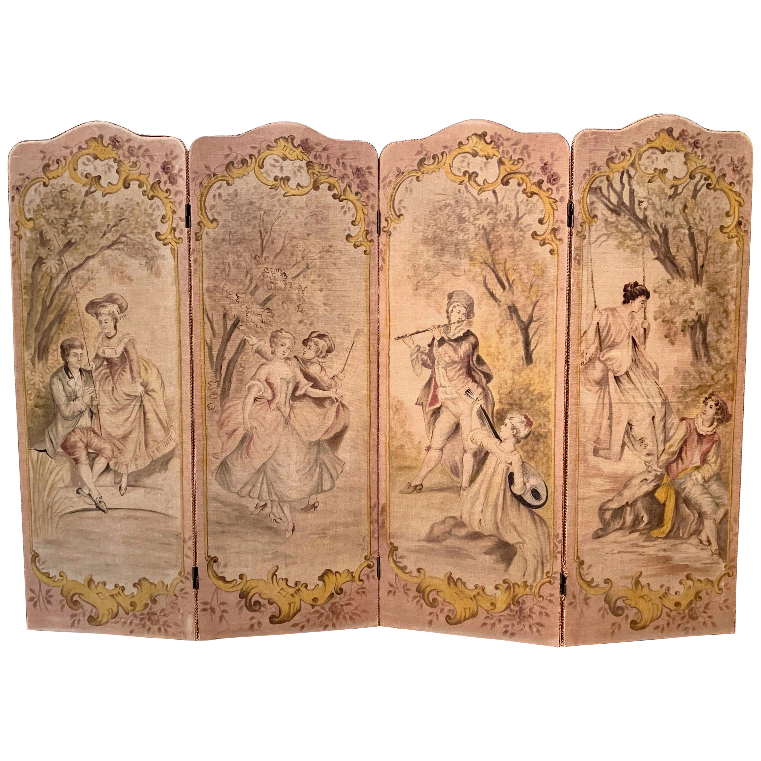 19th Century French Hand Painted Four-Panel Canvas Screen with Romantic Scenes
