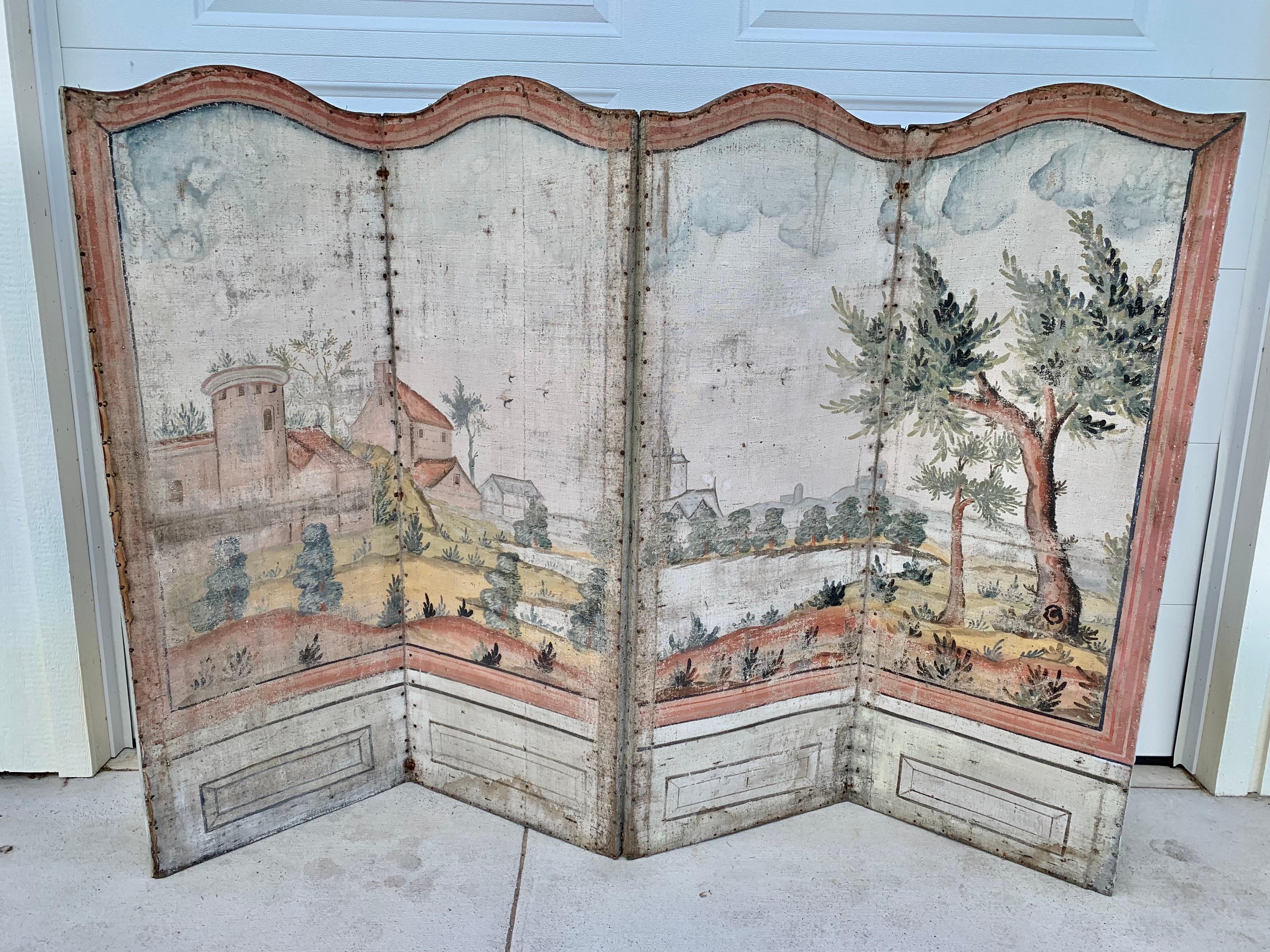 19th Century French Hand Painted Four Panel Folding Screen 10