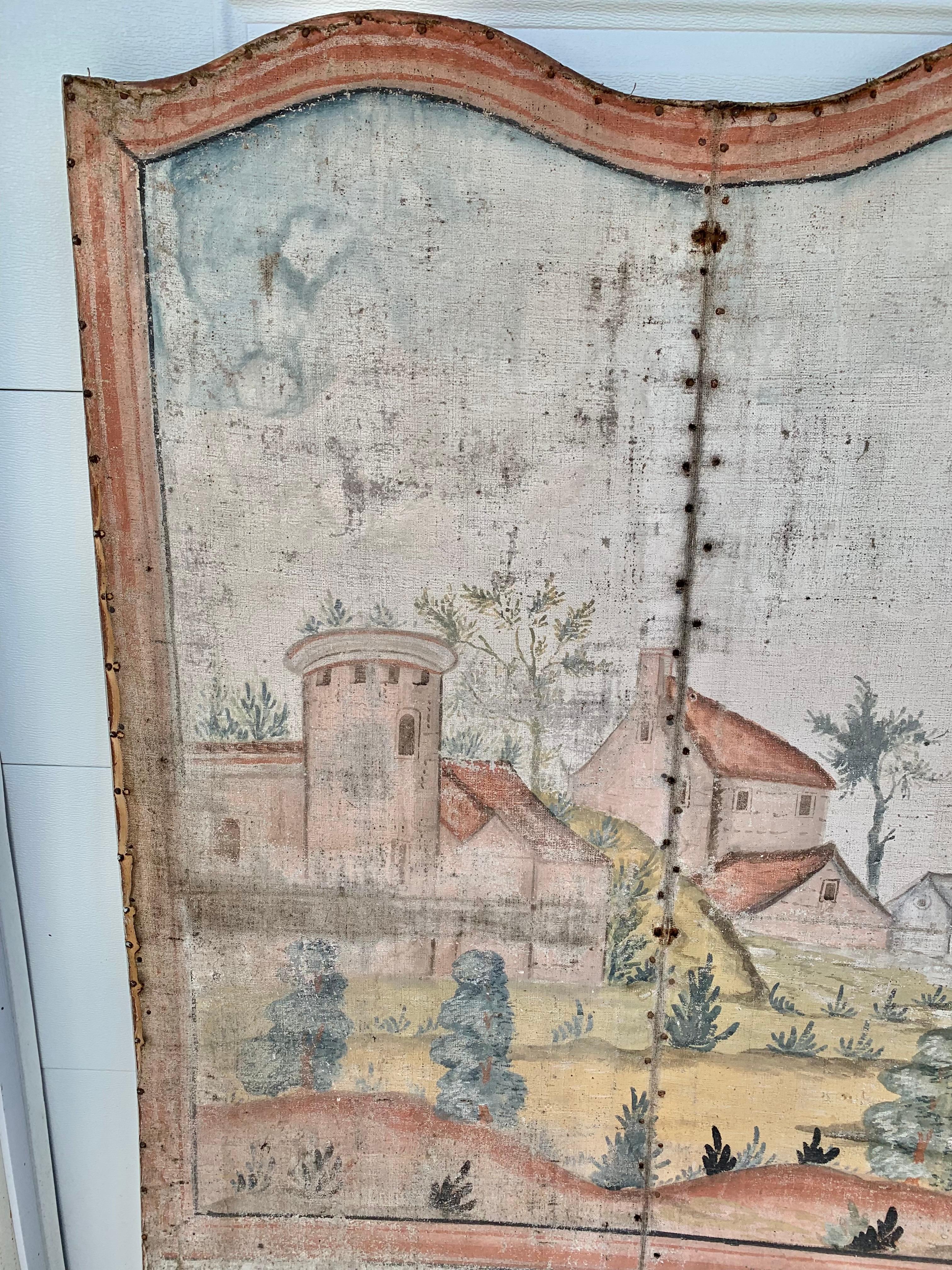 Hand-Crafted 19th Century French Hand Painted Four Panel Folding Screen