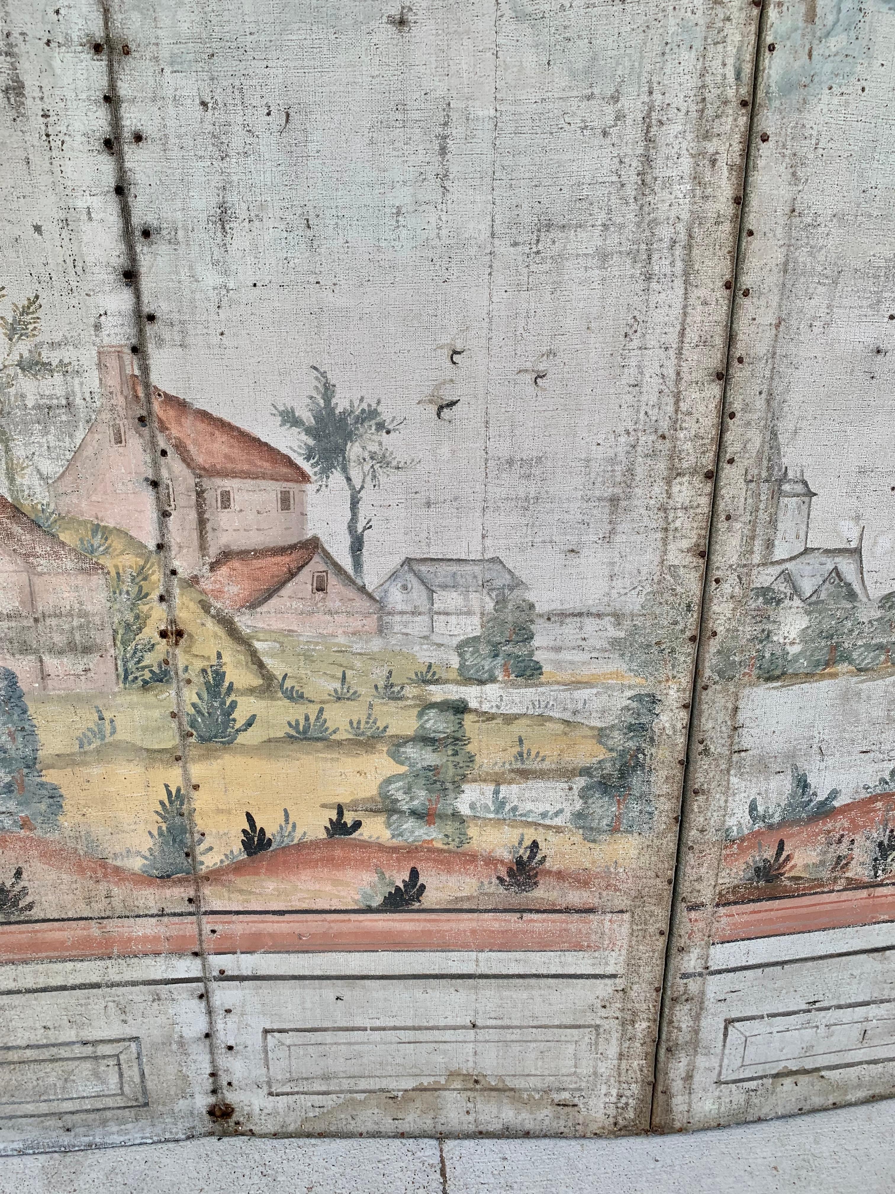 Canvas 19th Century French Hand Painted Four Panel Folding Screen