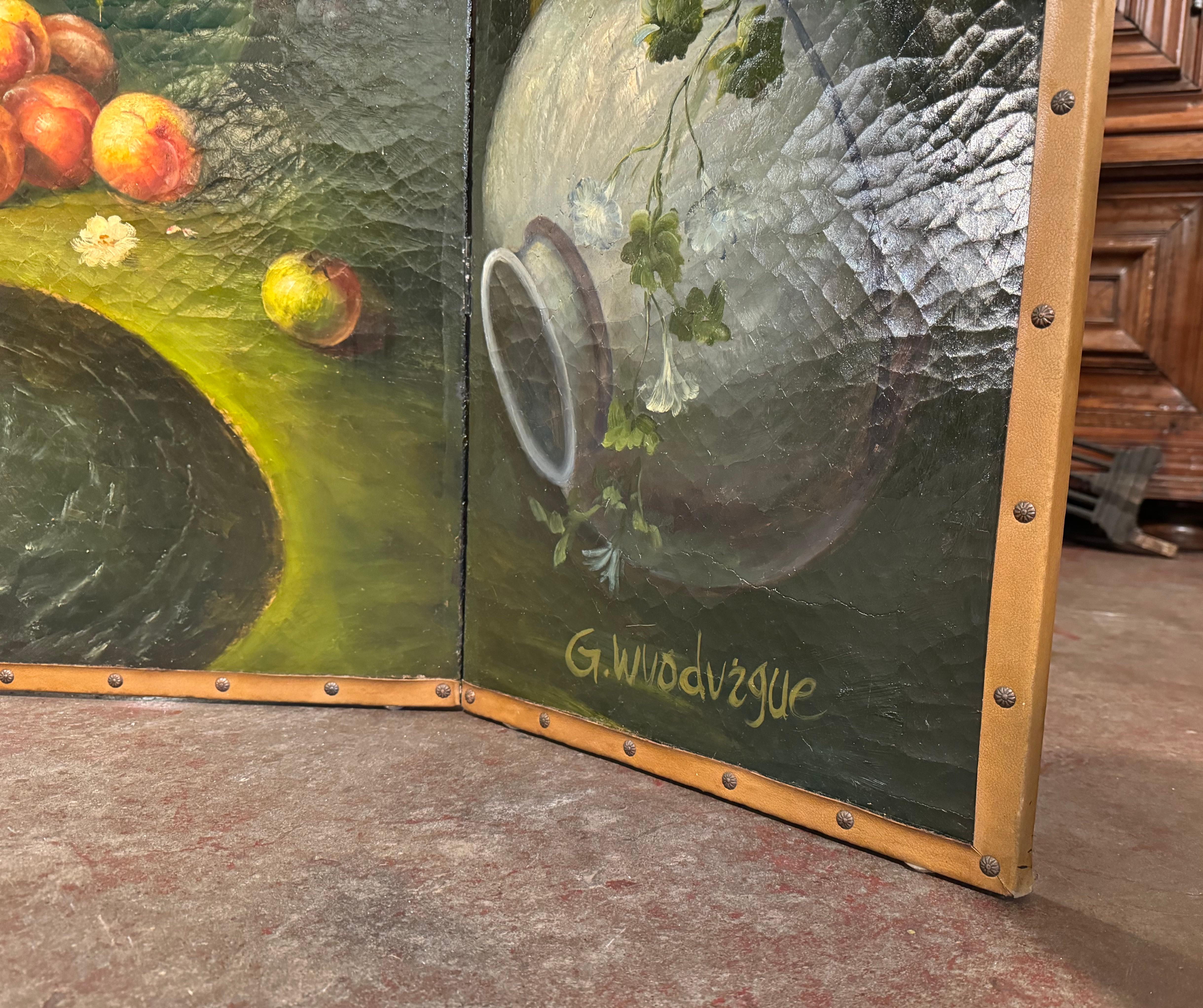 19th Century French Hand Painted Four-Panel Folding Screen with Leather Trim In Excellent Condition For Sale In Dallas, TX