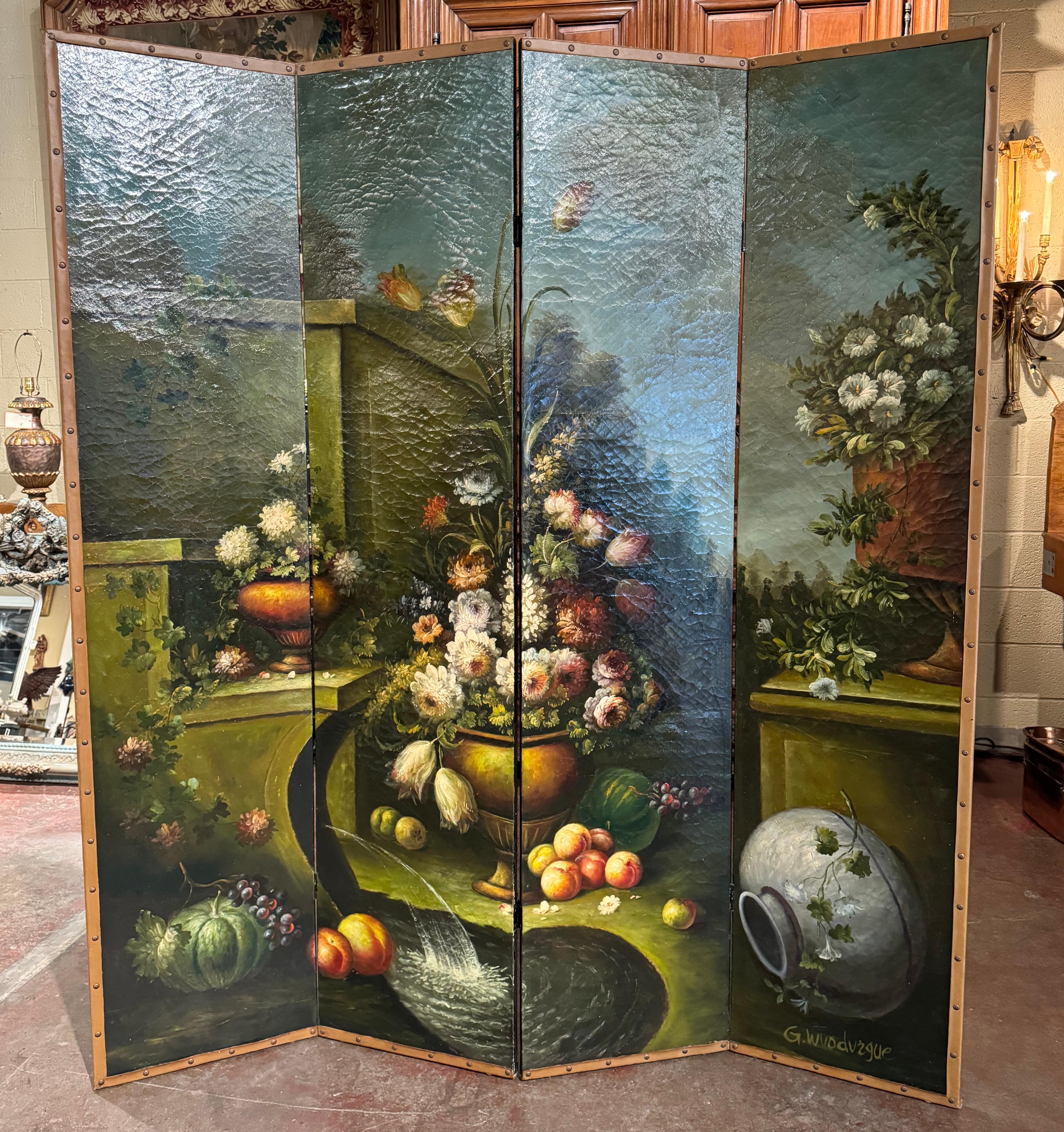 19th Century French Hand Painted Four-Panel Folding Screen with Leather Trim For Sale 1