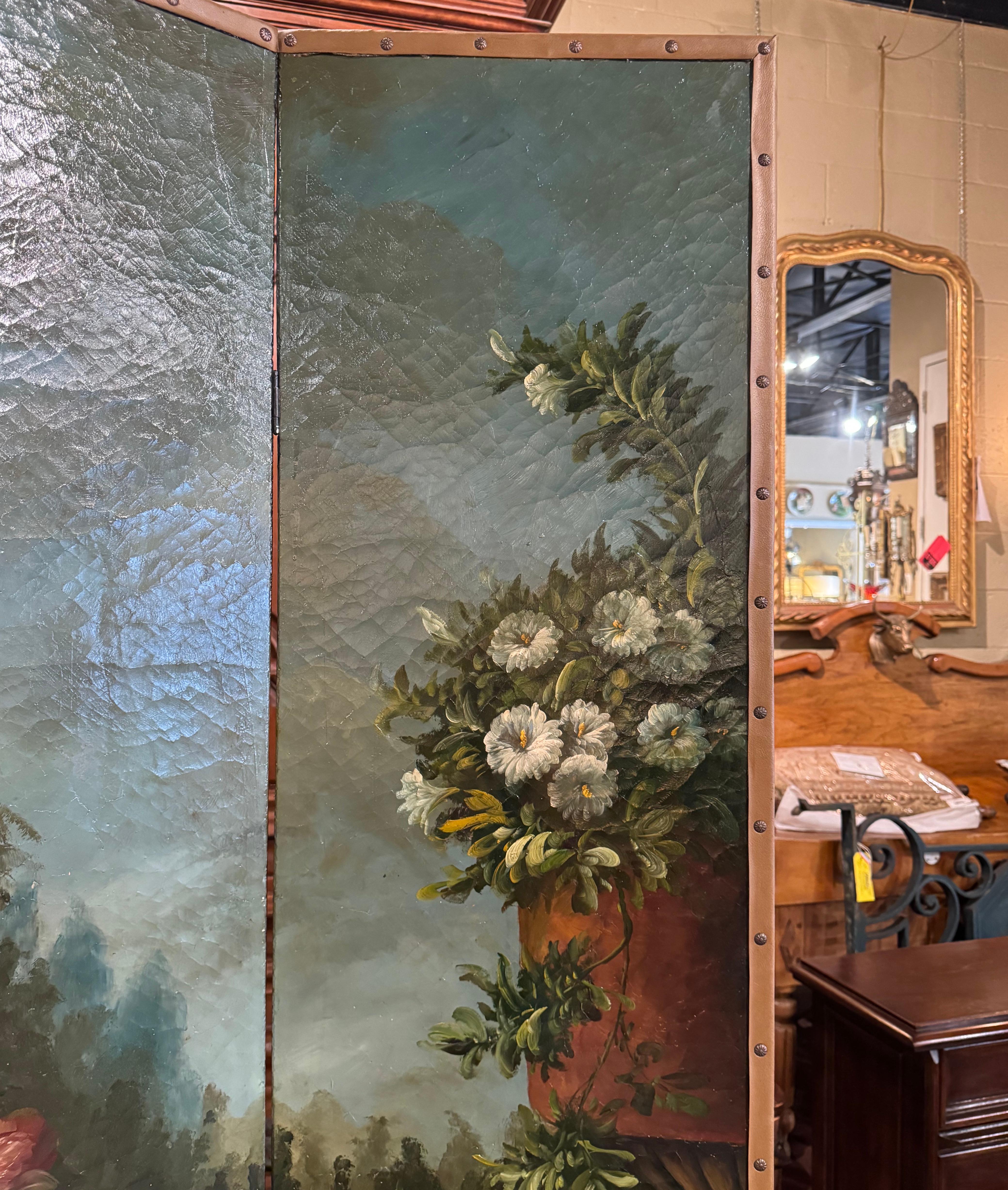 19th Century French Hand Painted Four-Panel Folding Screen with Leather Trim For Sale 2