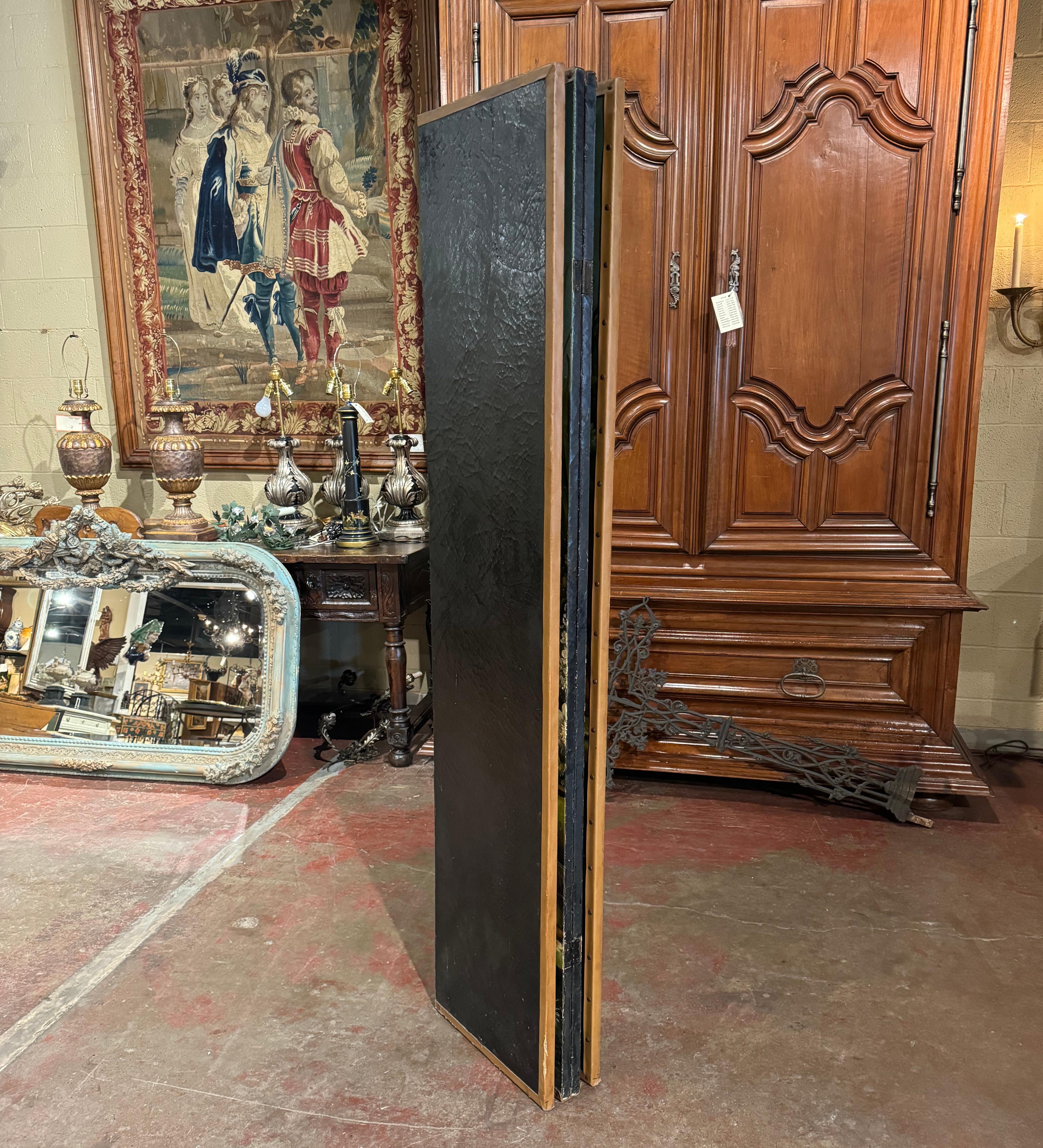 19th Century French Hand Painted Four-Panel Folding Screen with Leather Trim For Sale 3
