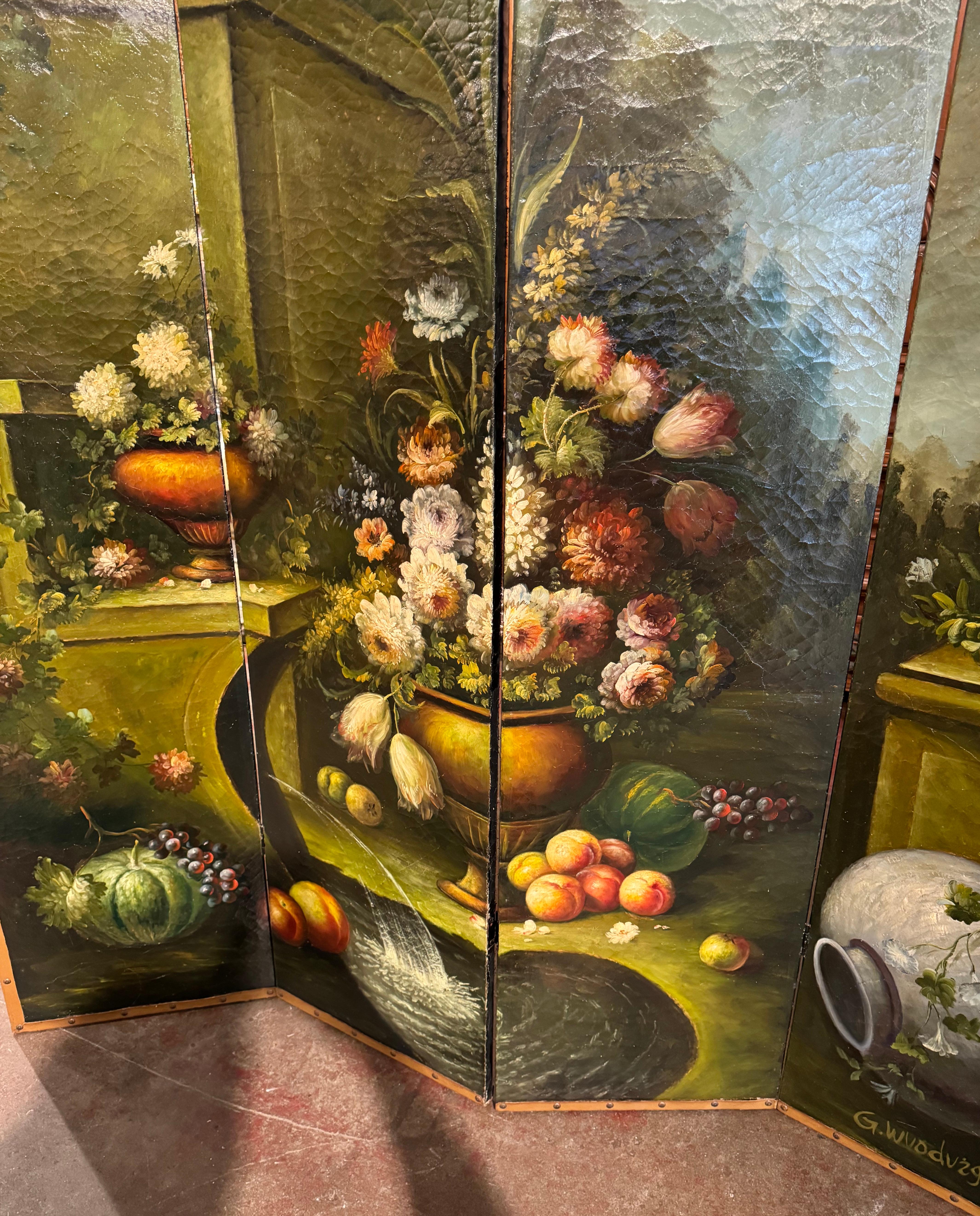 19th Century French Hand Painted Four-Panel Folding Screen with Leather Trim For Sale 4