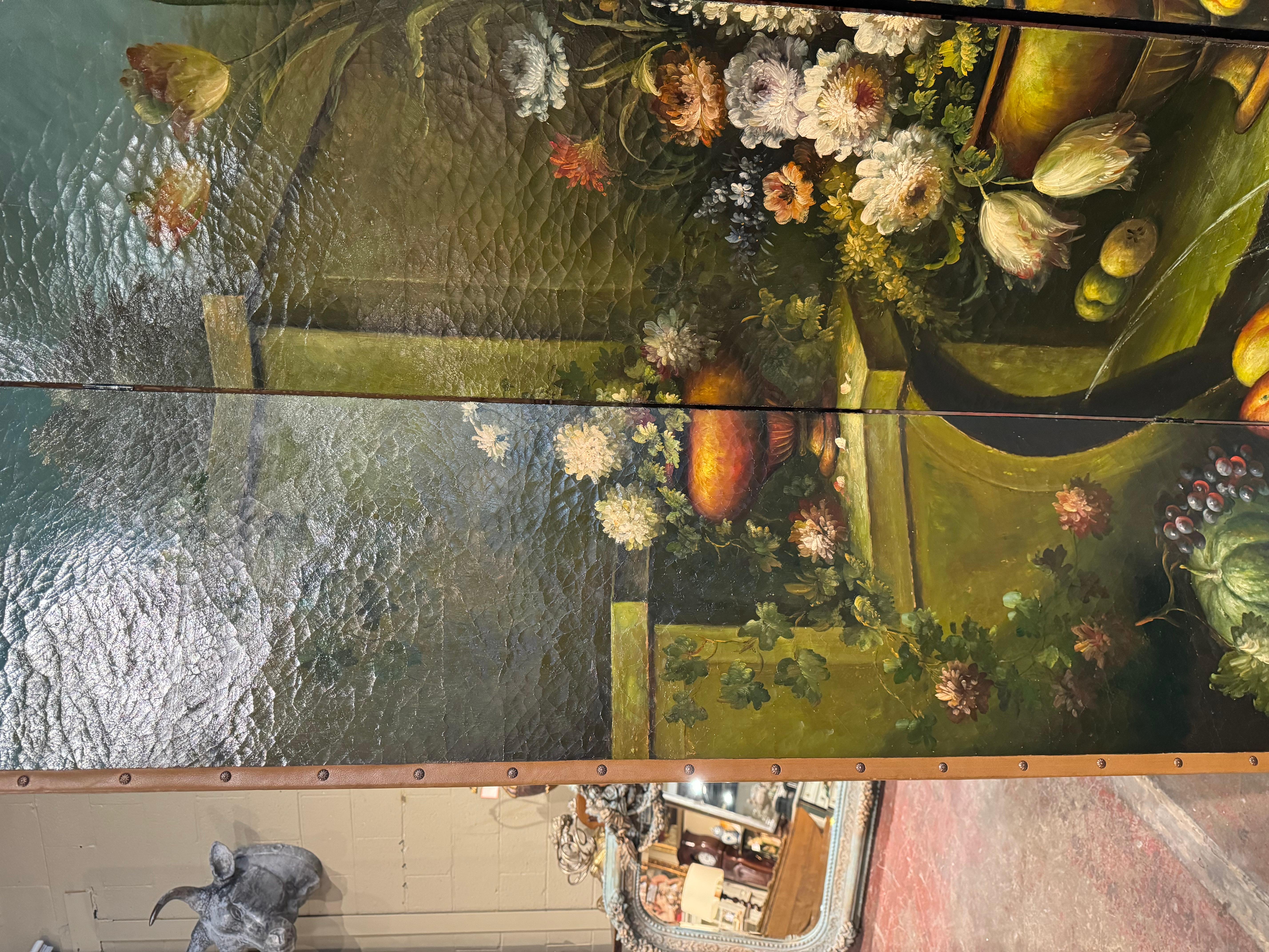 19th Century French Hand Painted Four-Panel Folding Screen with Leather Trim For Sale 5
