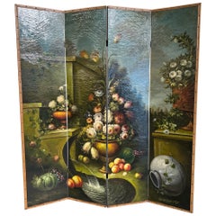 19th Century French Hand Painted Four-Panel Folding Screen with Leather Trim