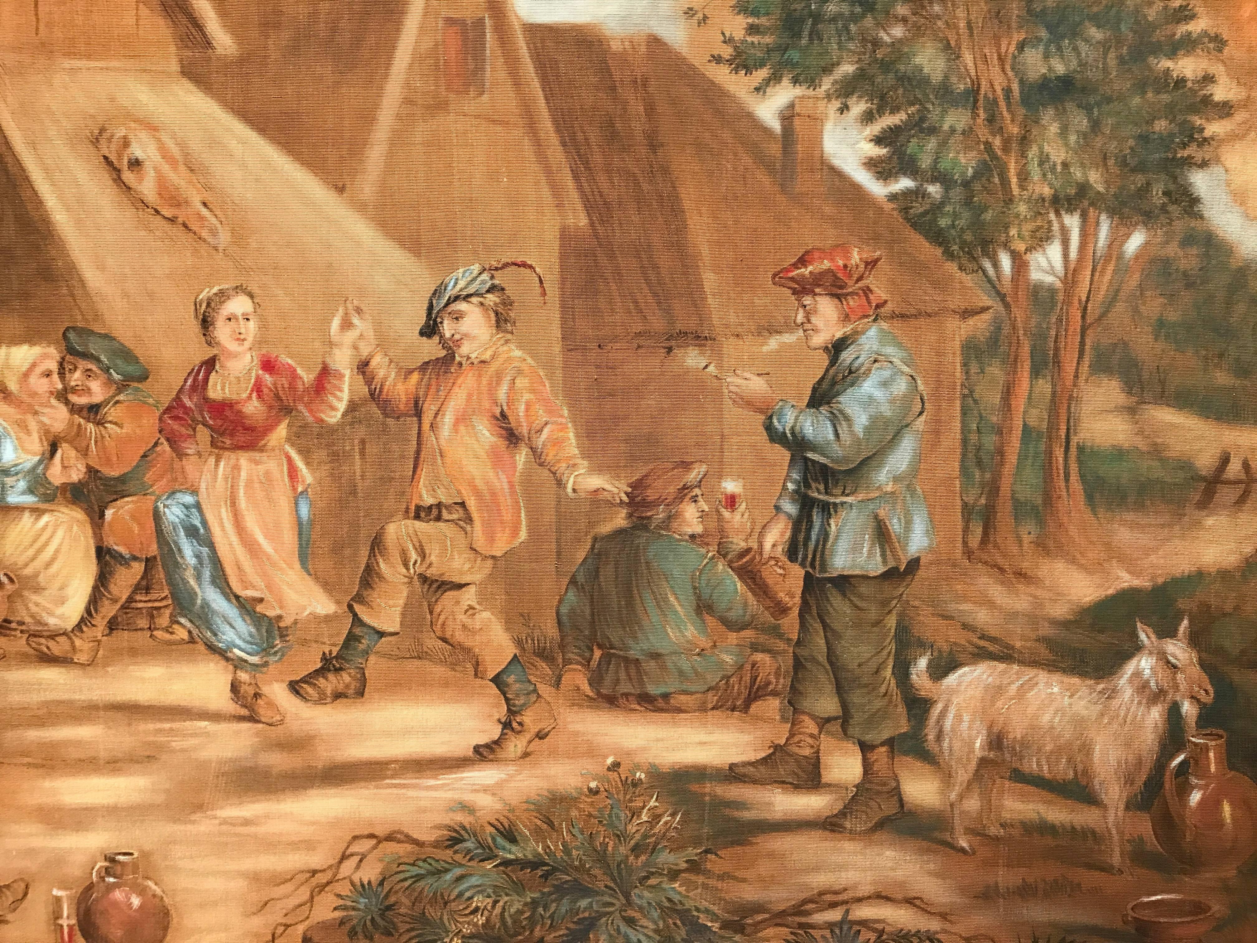19th Century French Hand Painted Framed Pastoral Canvas after David Teniers In Excellent Condition For Sale In Dallas, TX