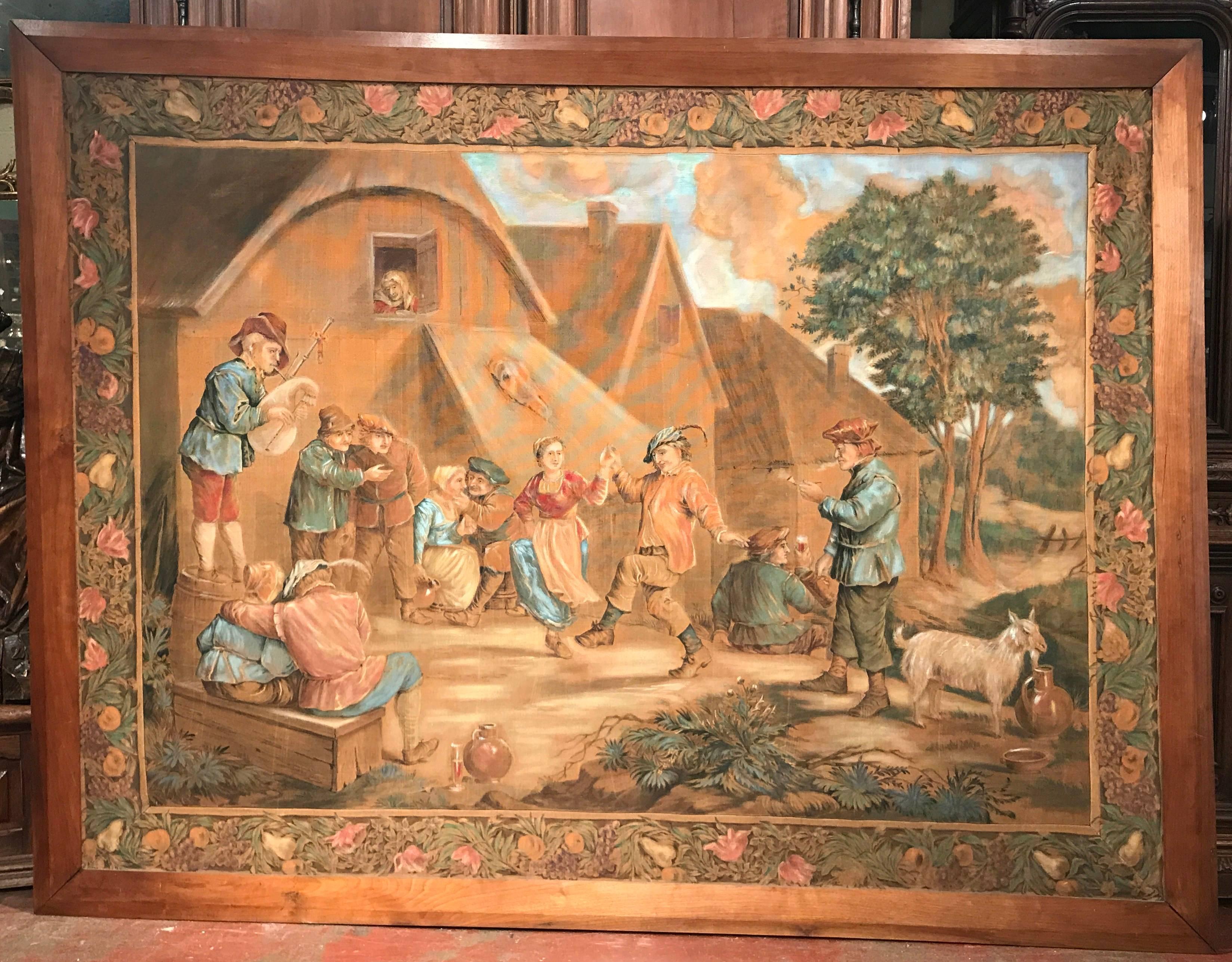 19th Century French Hand Painted Framed Pastoral Canvas after David Teniers For Sale 1