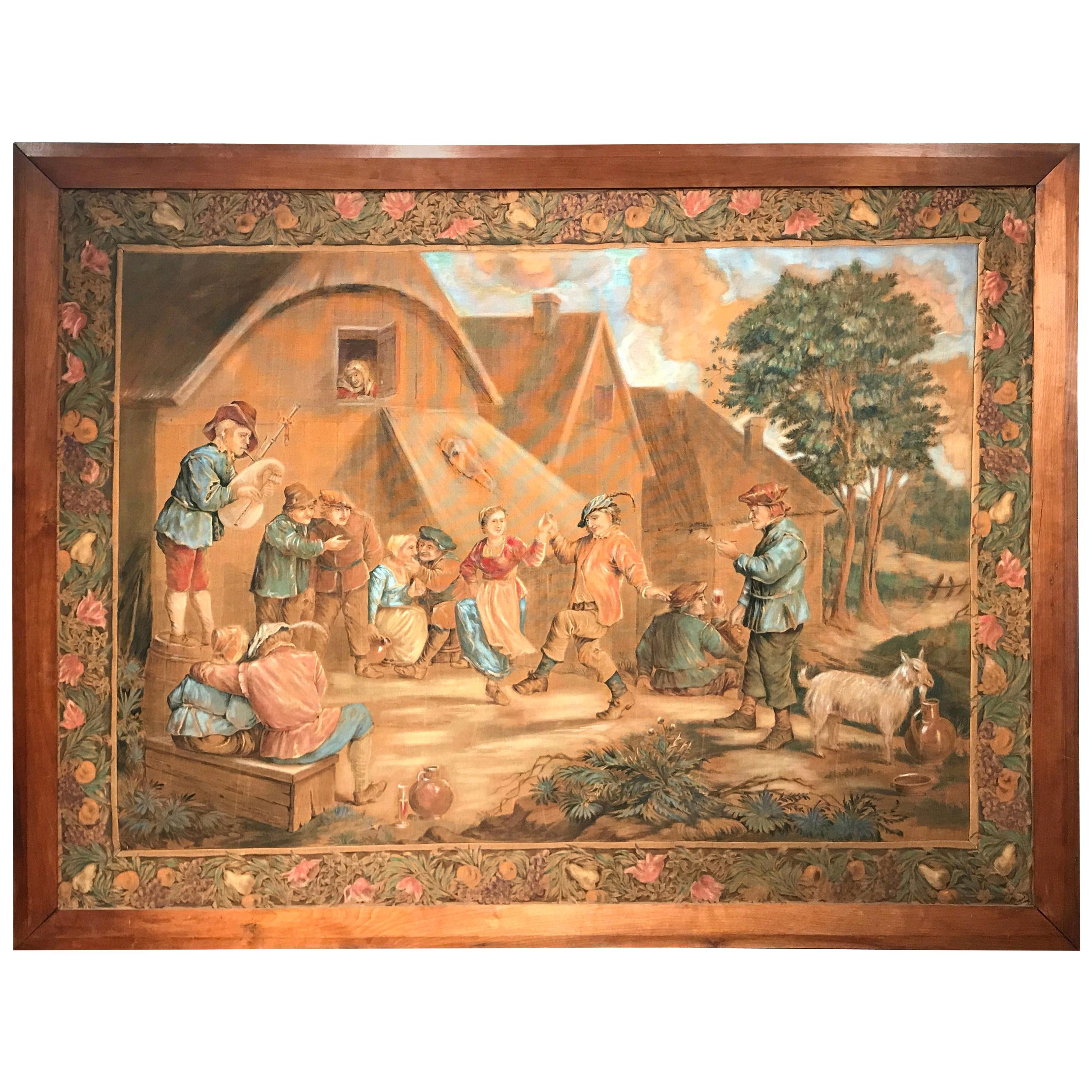 19th Century French Hand Painted Framed Pastoral Canvas after David Teniers For Sale