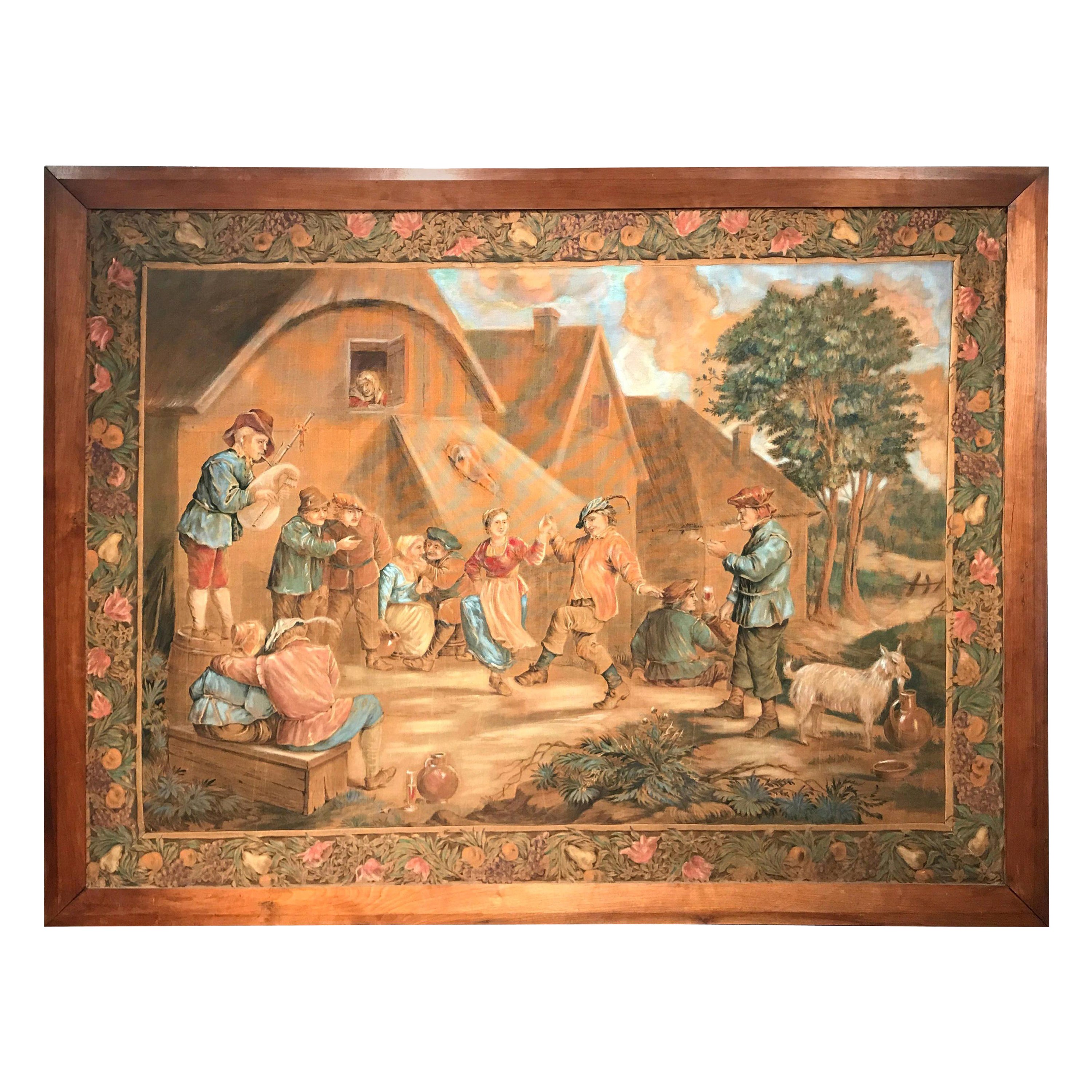 Französische handbemalte gerahmte pastorale Leinwand nach David Teniers aus dem 19. Jahrhundert