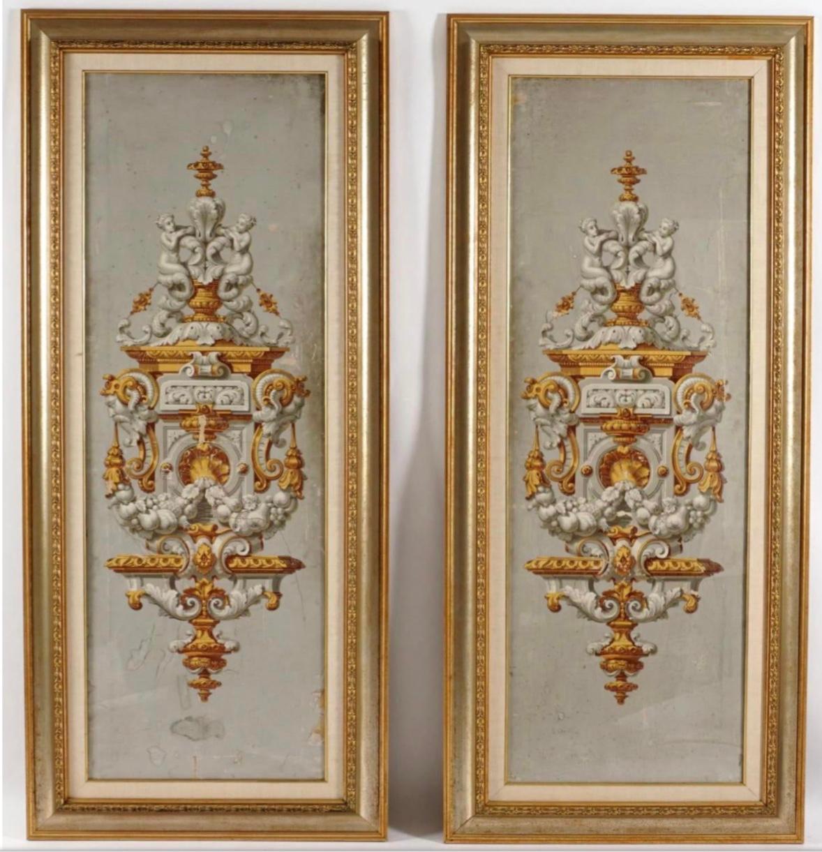 Paire de panneaux de papier peints encadrés français du 19ème siècle, peints à la main en vente 3