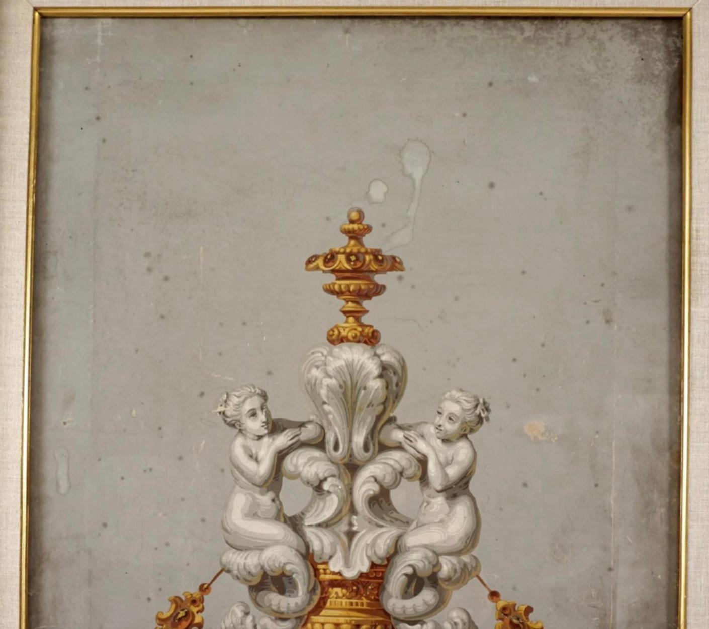 Panneaux muraux du début du XIXe siècle peints à la main à la gouache ou à la tempura sur papier, à la manière de Zuber ou Dufour. Motif rococo polychrome représentant des vierges, un rinceau feuillu, des glands et une coquille. Montés dans des