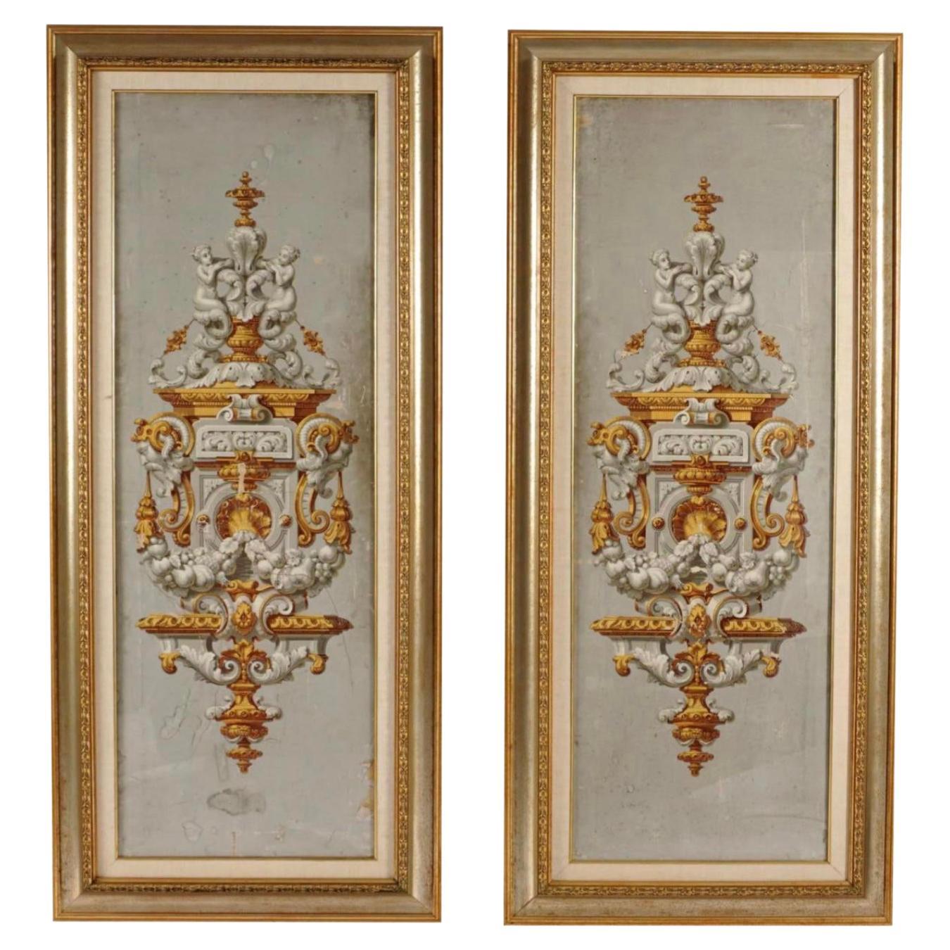 Französische handbemalte gerahmte Wandteppiche aus dem 19. Jahrhundert, ein Paar