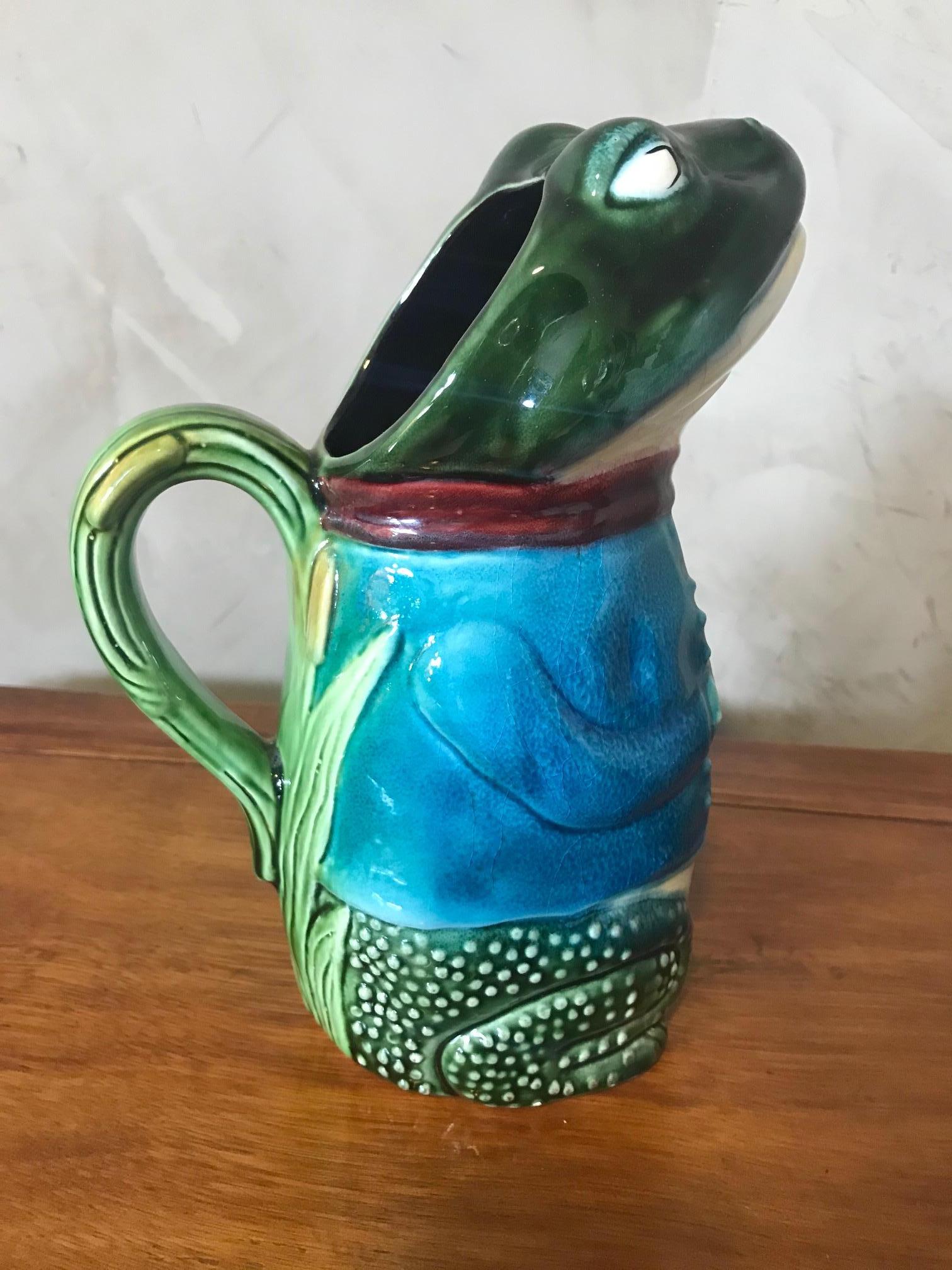 Hand-Painted 19th Century French Hand Painted Frog Pitcher, 1890s