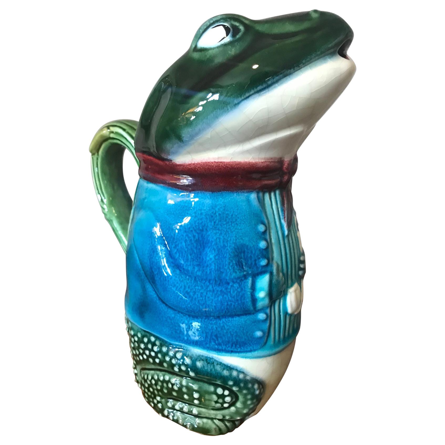 19th Century French Hand Painted Frog Pitcher, 1890s