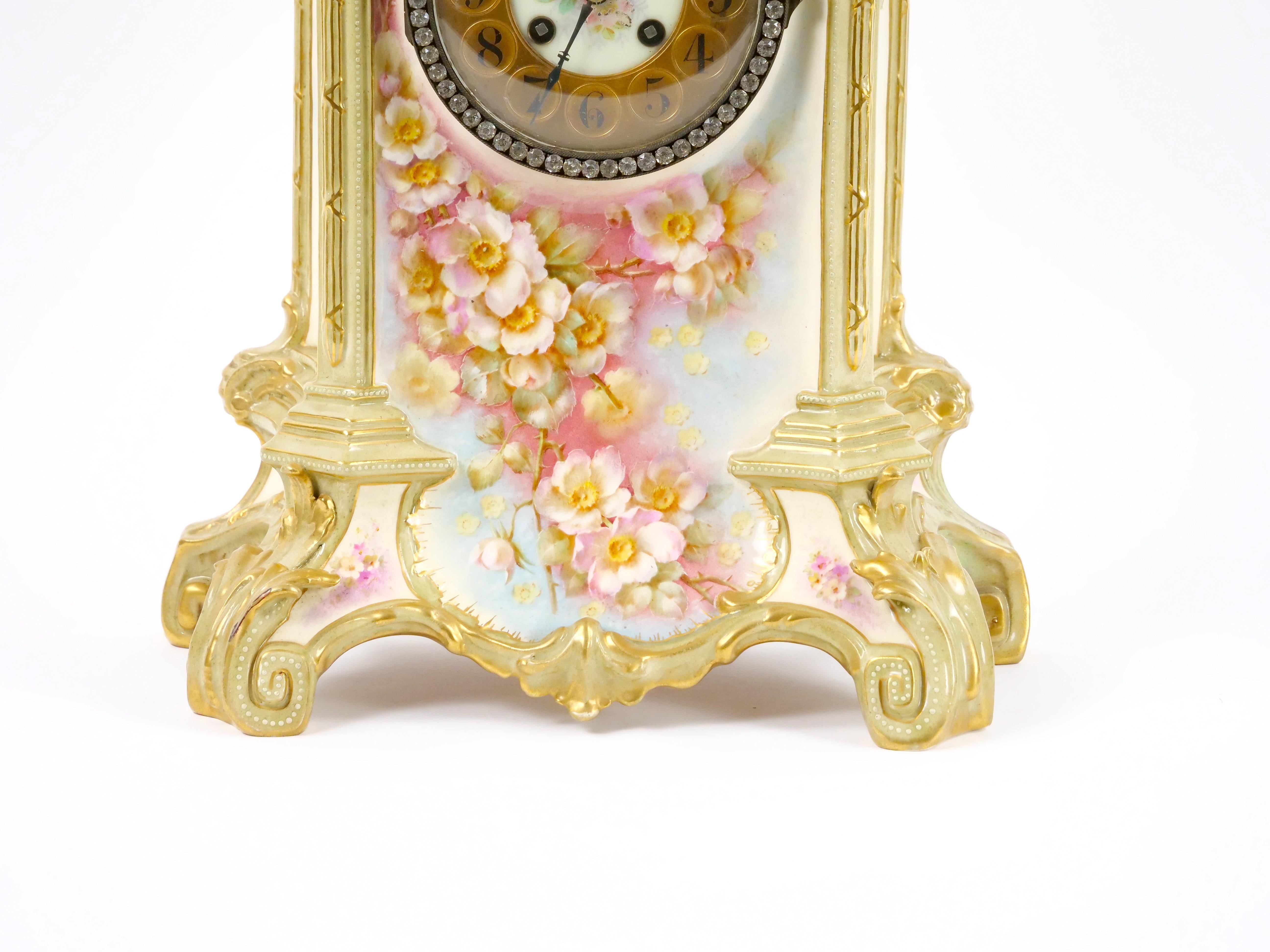 Hand-Carved 19th Century French Hand Painted/Gilt Decorated Porcelain Mantel Clock