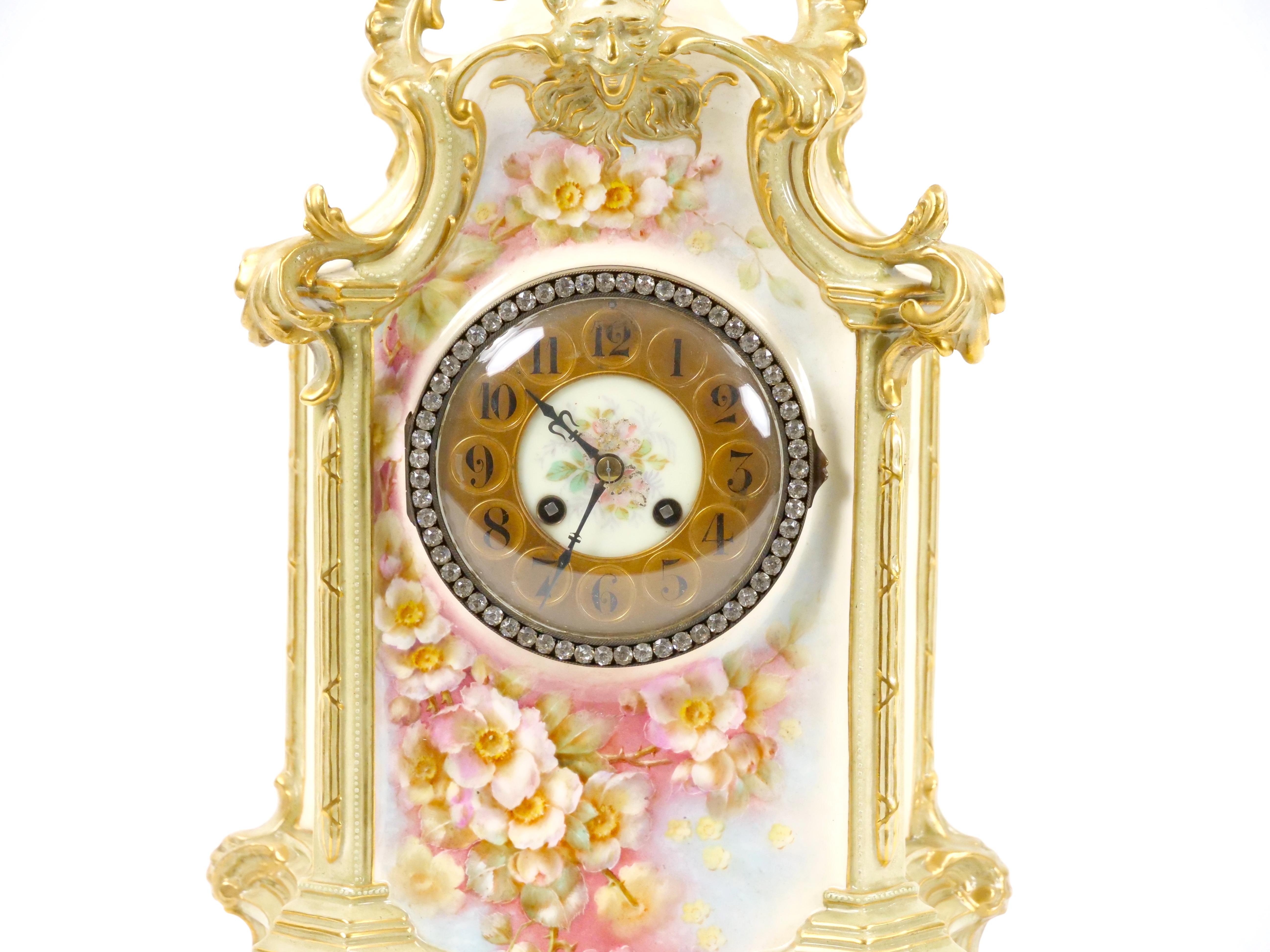 19th Century French Hand Painted/Gilt Decorated Porcelain Mantel Clock In Good Condition In Tarry Town, NY