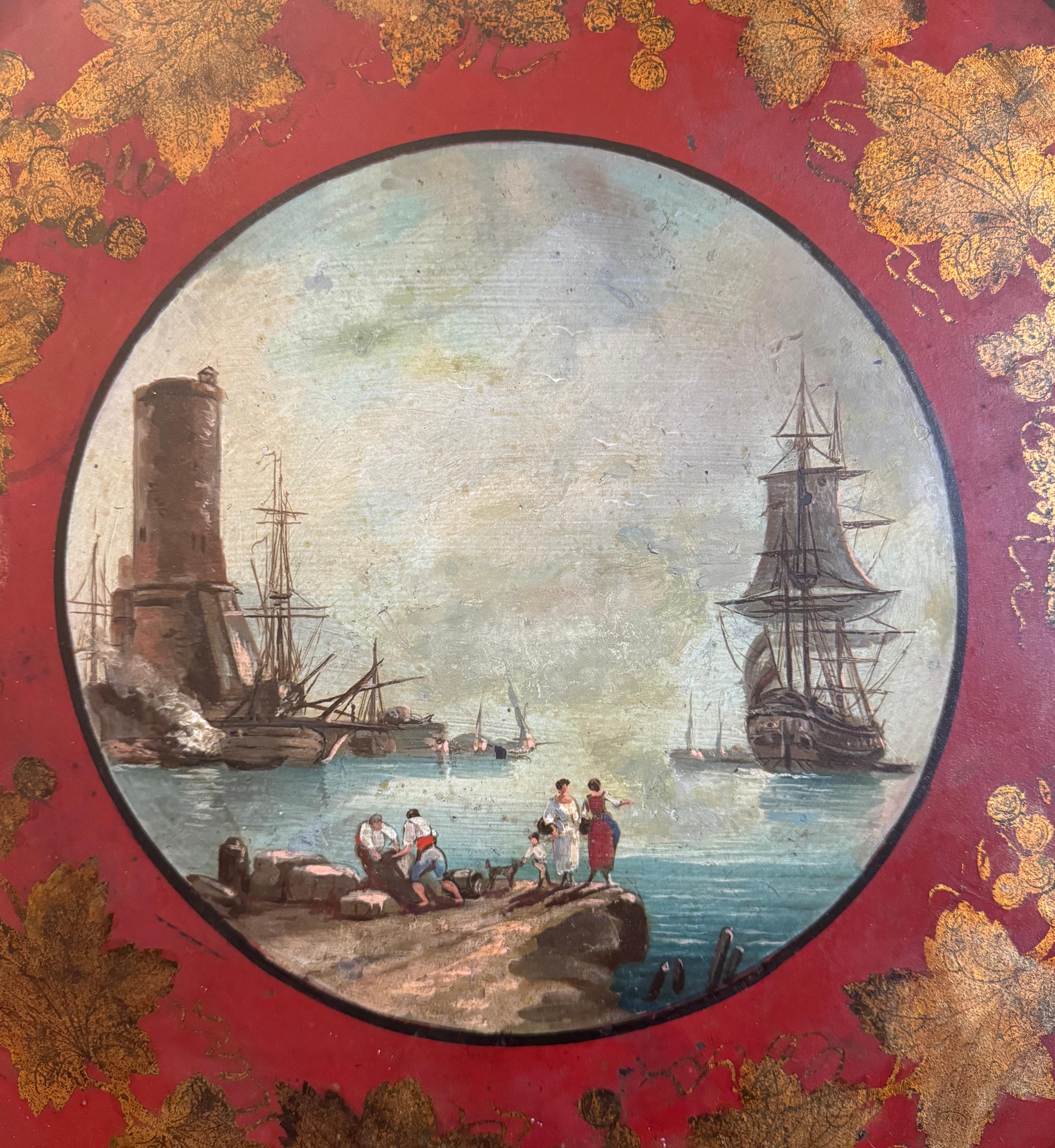 Néoclassique Plateau en tôle doré et peint à la main du 19ème siècle avec scène portuaire, style Vernet en vente