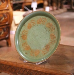 19th Century French Hand-Painted Green Tole Tray with Gilt Foliate Decor