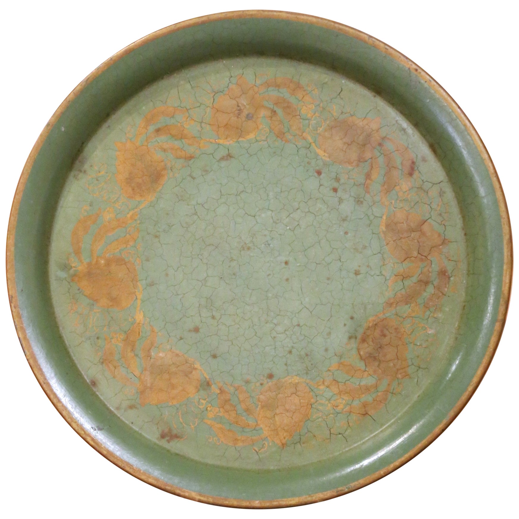 19th Century French Hand-Painted Green Tole Tray with Gilt Foliate Decor For Sale