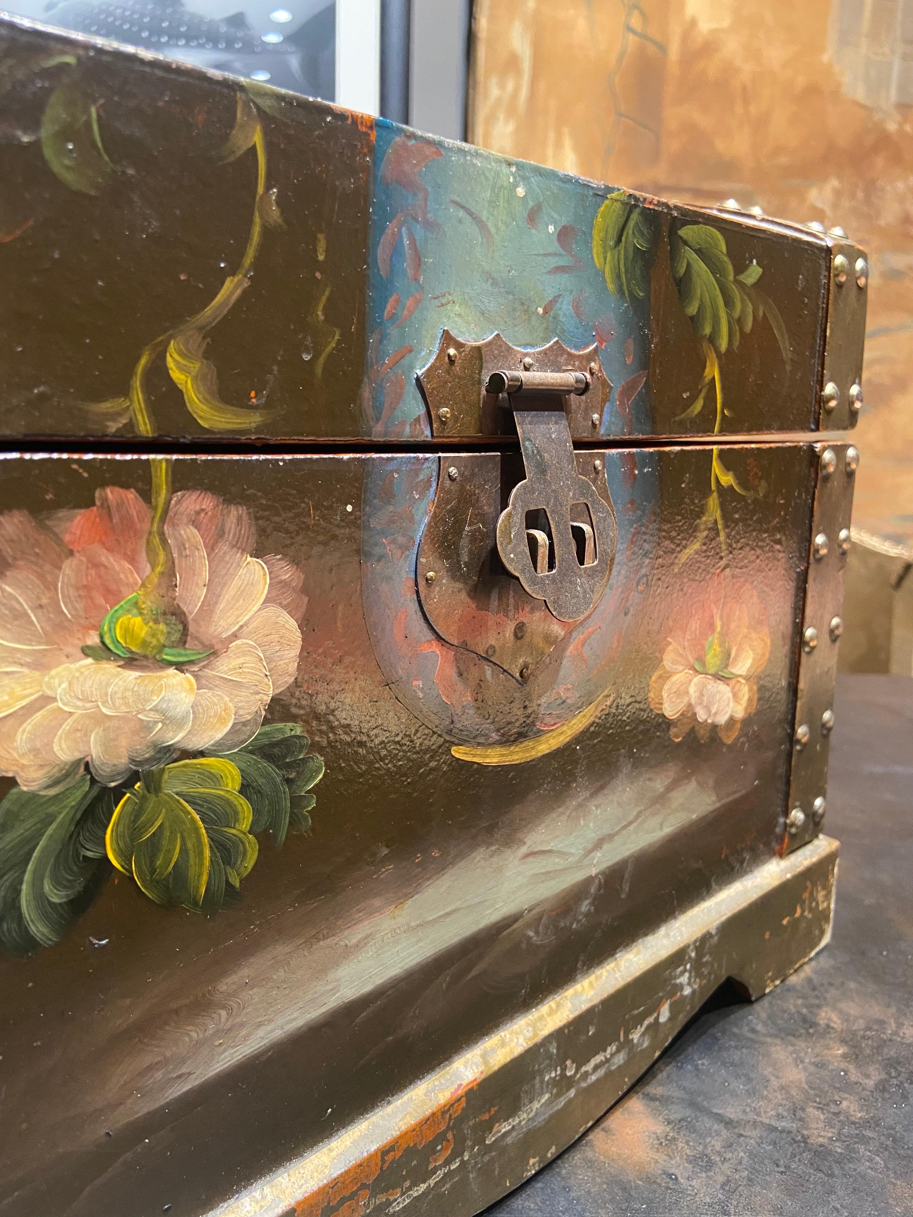 Hand-Painted 19th Century, French, Hand Painted in Flowers Wooden Box with Metal Decoration For Sale