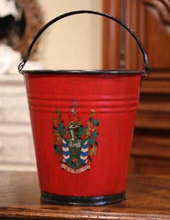 19th Century French Hand Painted Iron Bucket with Decorative Crest Decor
