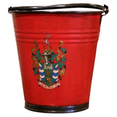 19th Century French Hand Painted Iron Bucket with Decorative Crest Decor