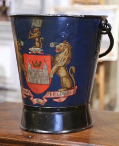 19th Century French Hand Painted Iron Coal Bucket with Coat of Arms Decor
